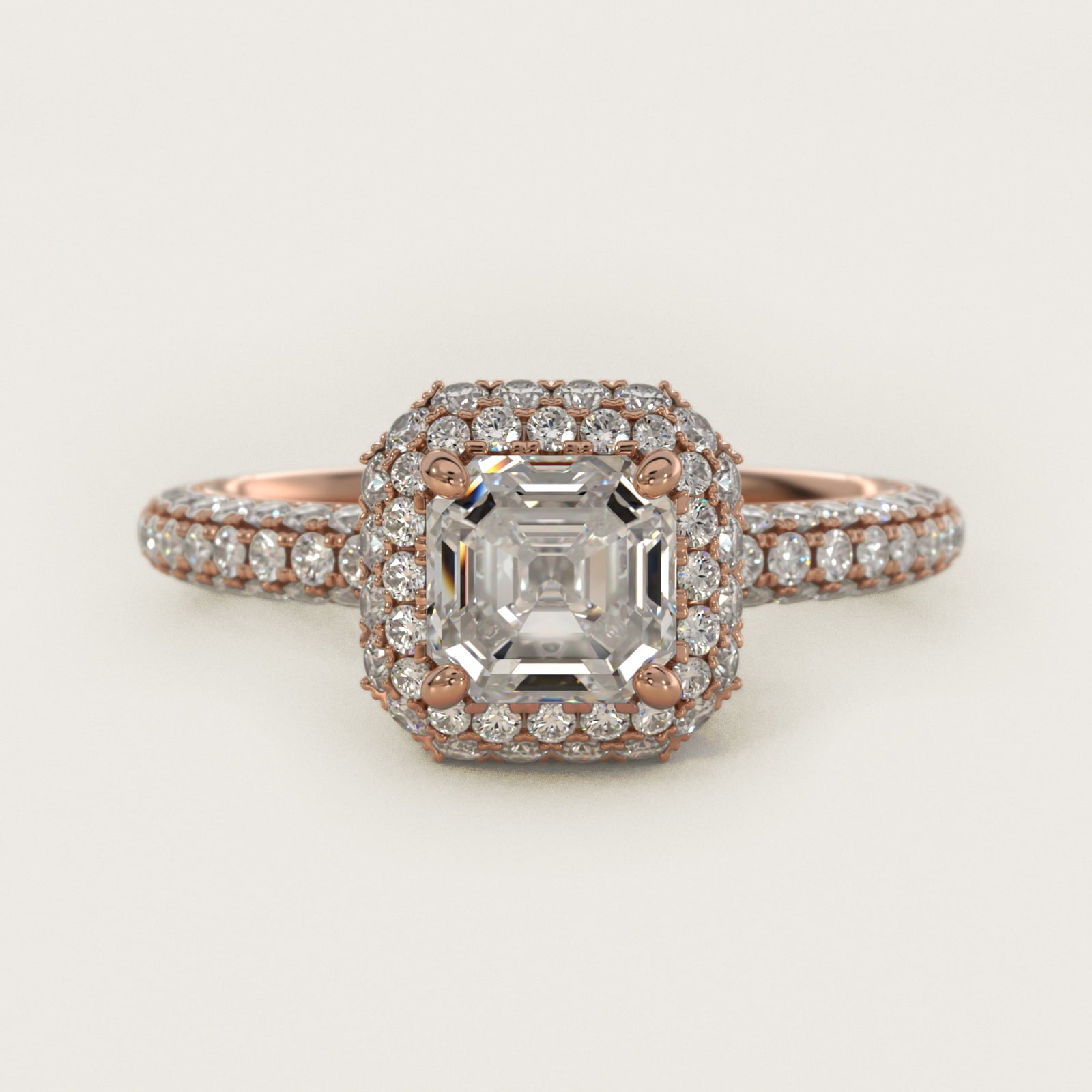 Rollover Halo Diamond Basket and Pav? Shank Engagement Ring in 18k Rose Gold (7/8 ct. tw.) - Asscher Center