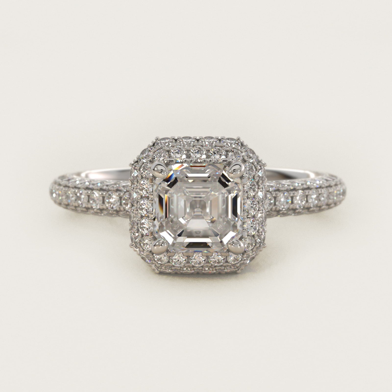 Rollover Halo Diamond Basket and Pav? Shank Engagement Ring in 18k White Gold (7/8 ct. tw.) - Asscher Center