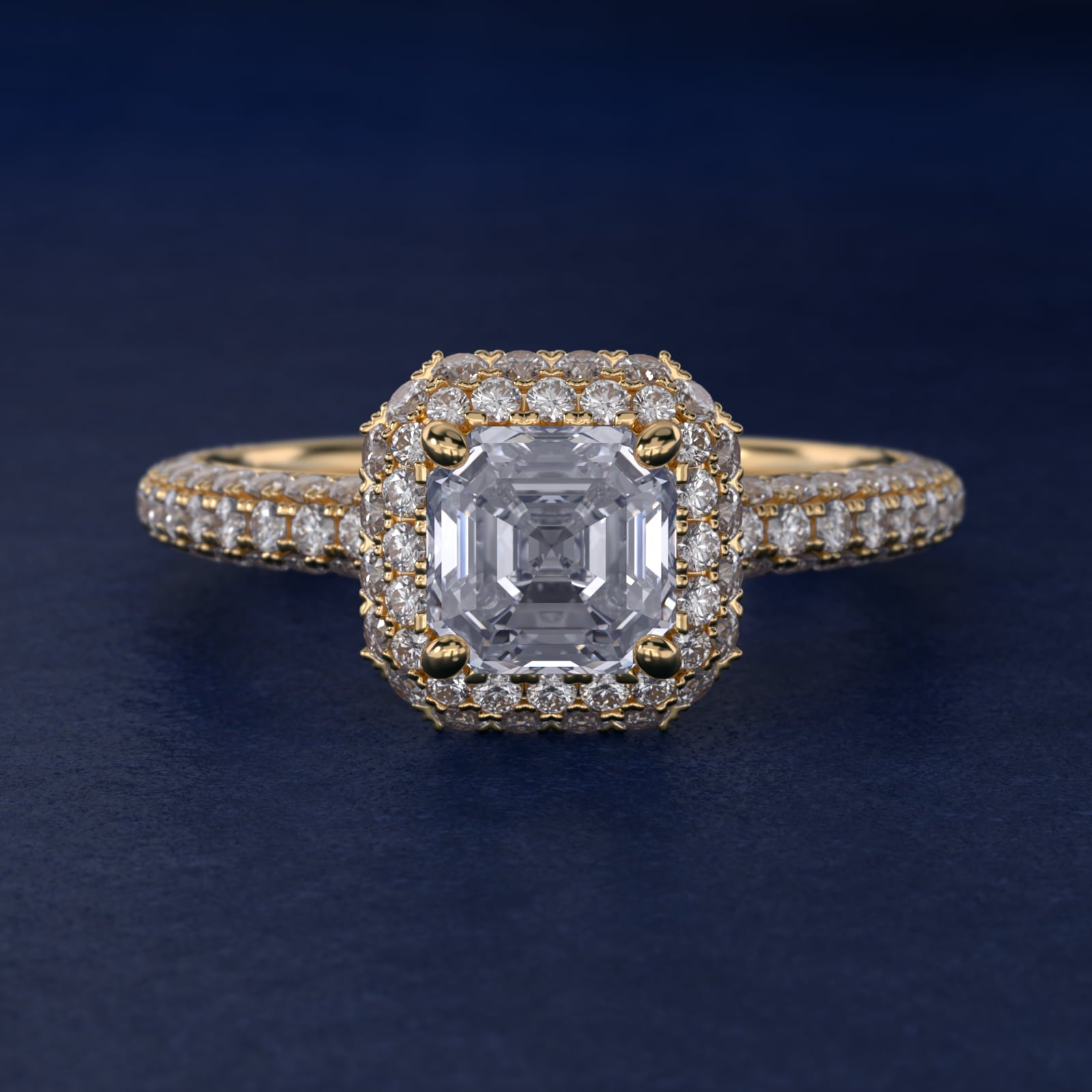 Rollover Halo Diamond Basket and PavŽ Shank Engagement Ring in 14k Yellow Gold (7/8 ct. tw.) - Asscher Center