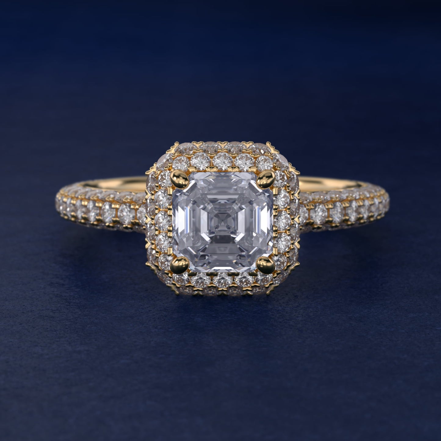 Rollover Halo Diamond Basket and Pav? Shank Engagement Ring in 18k Yellow Gold (7/8 ct. tw.) - Asscher Center