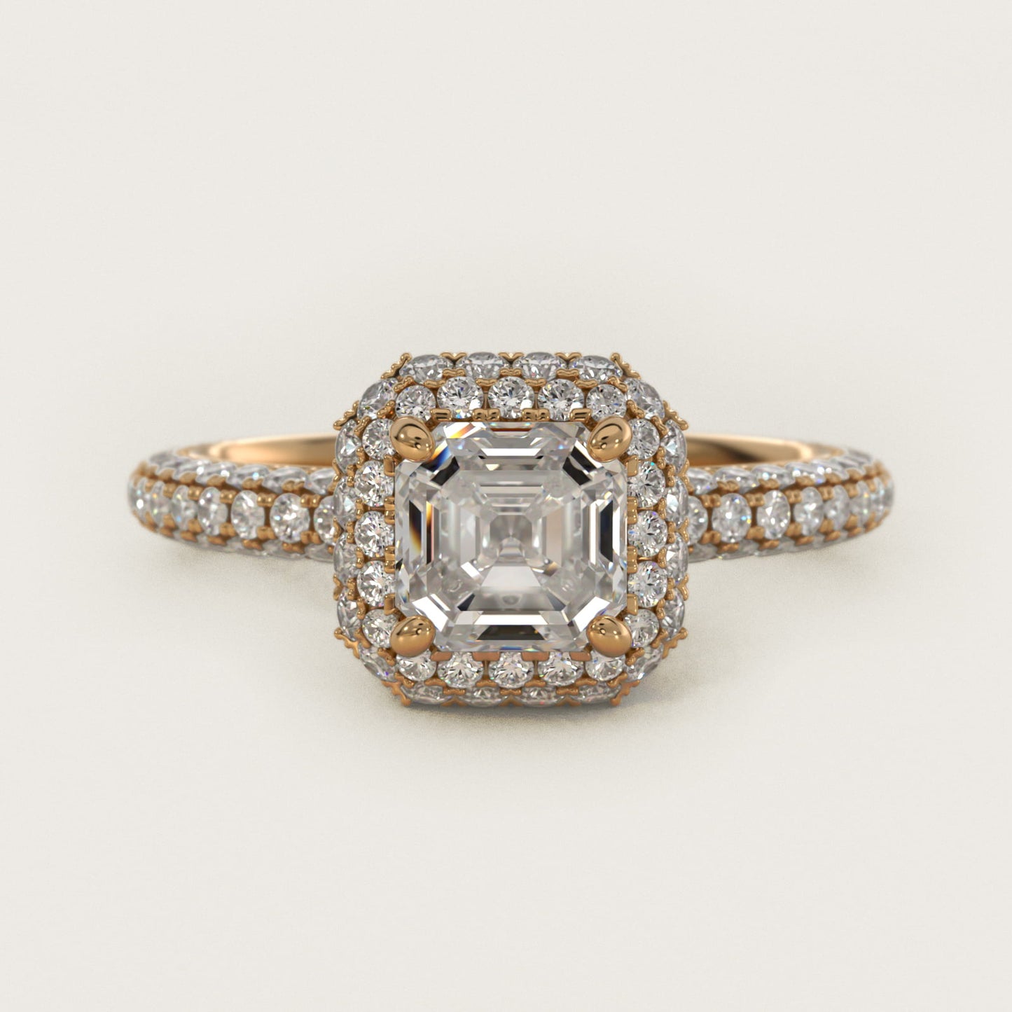 Rollover Halo Diamond Basket and PavŽ Shank Engagement Ring in 14k Yellow Gold (7/8 ct. tw.) - Asscher Center