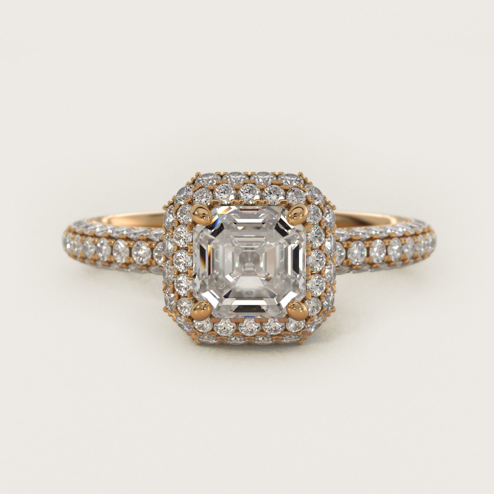Rollover Halo Diamond Basket and PavŽ Shank Engagement Ring in 14k Yellow Gold (7/8 ct. tw.) - Asscher Center