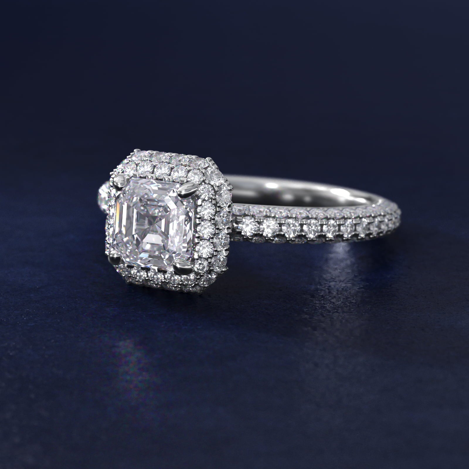 Rollover Halo Diamond Basket and Pav? Shank Engagement Ring in Platinum (7/8 ct. tw.) - Asscher Center