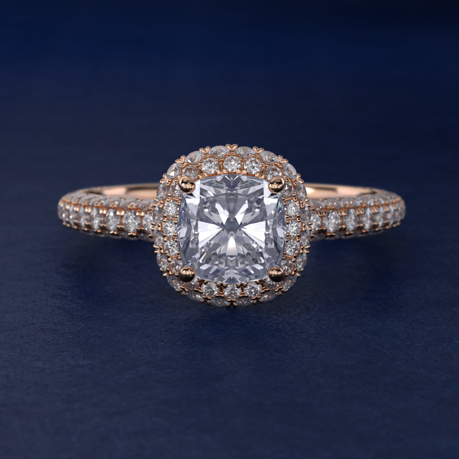 Rollover Halo Diamond Basket and PavŽ Shank Engagement Ring in 14k Rose Gold (7/8 ct. tw.) - Cushion Center