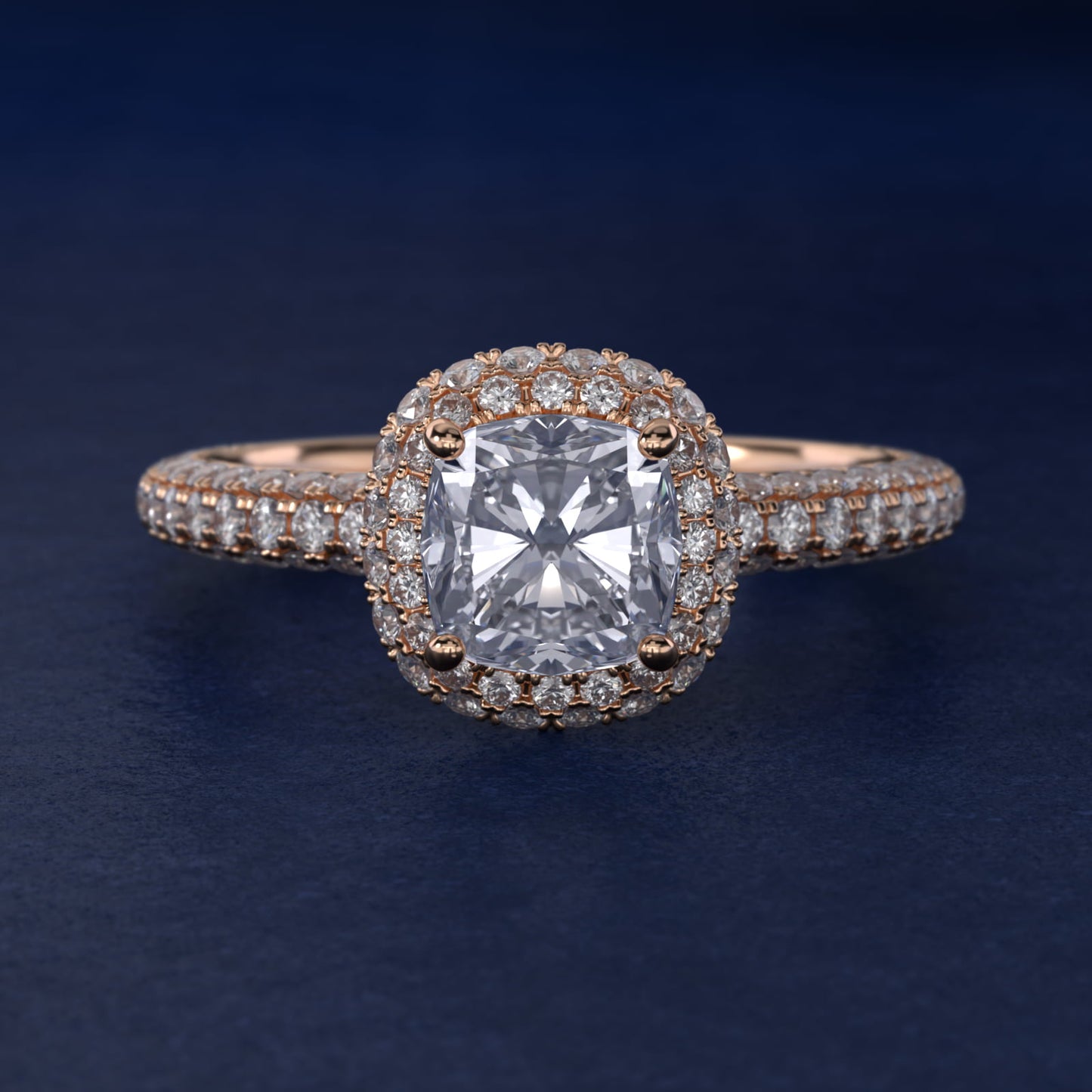 Rollover Halo Diamond Basket and Pav? Shank Engagement Ring in 18k Rose Gold (7/8 ct. tw.) - Cushion Center
