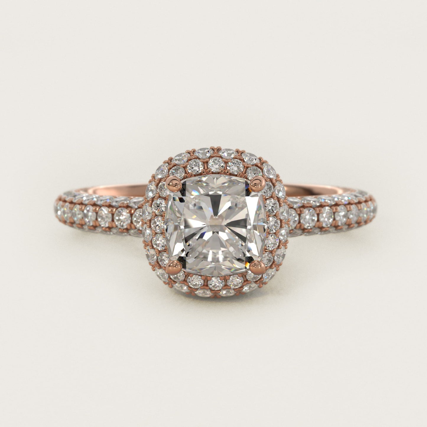 Rollover Halo Diamond Basket and PavŽ Shank Engagement Ring in 14k Rose Gold (7/8 ct. tw.) - Cushion Center