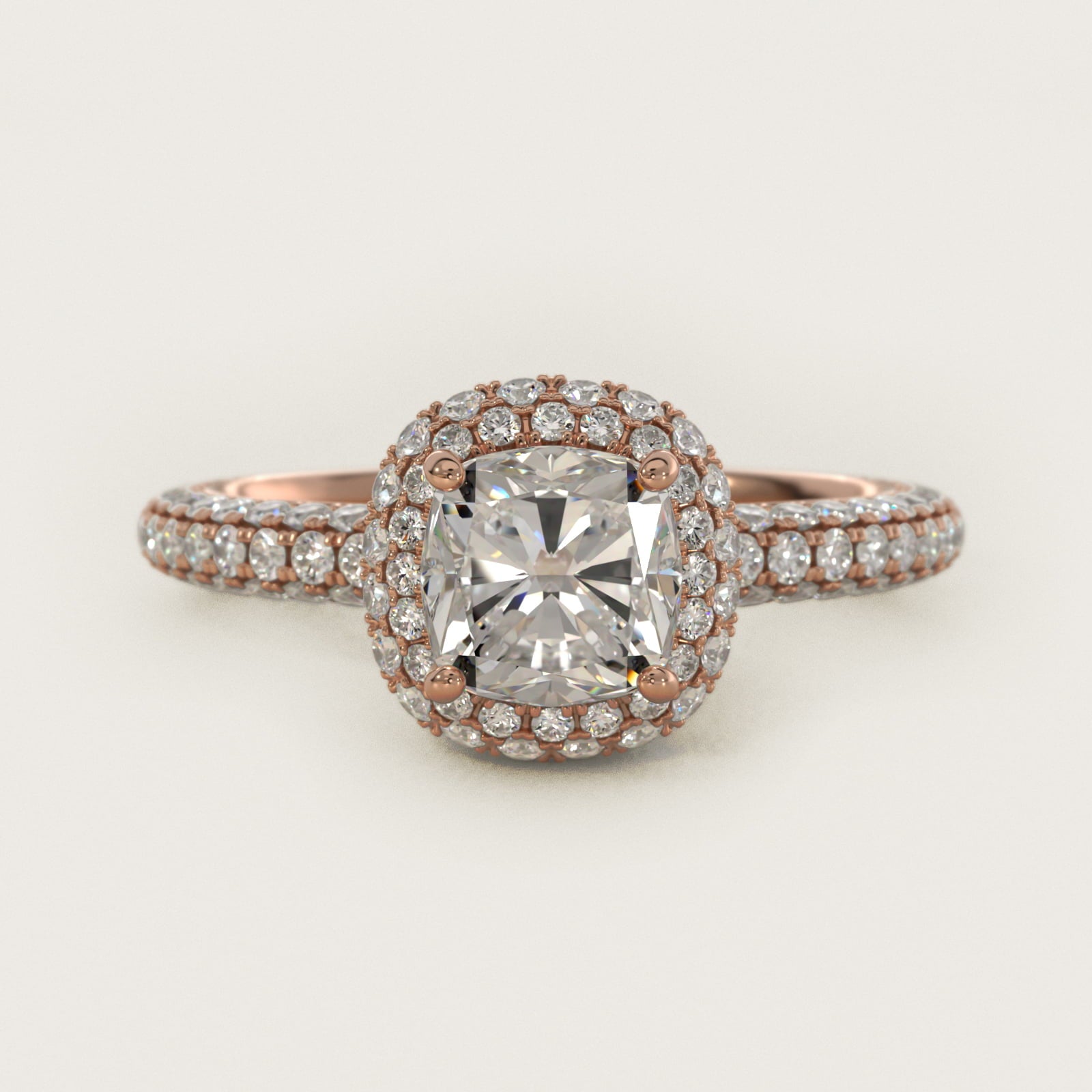 Rollover Halo Diamond Basket and PavŽ Shank Engagement Ring in 14k Rose Gold (7/8 ct. tw.) - Cushion Center