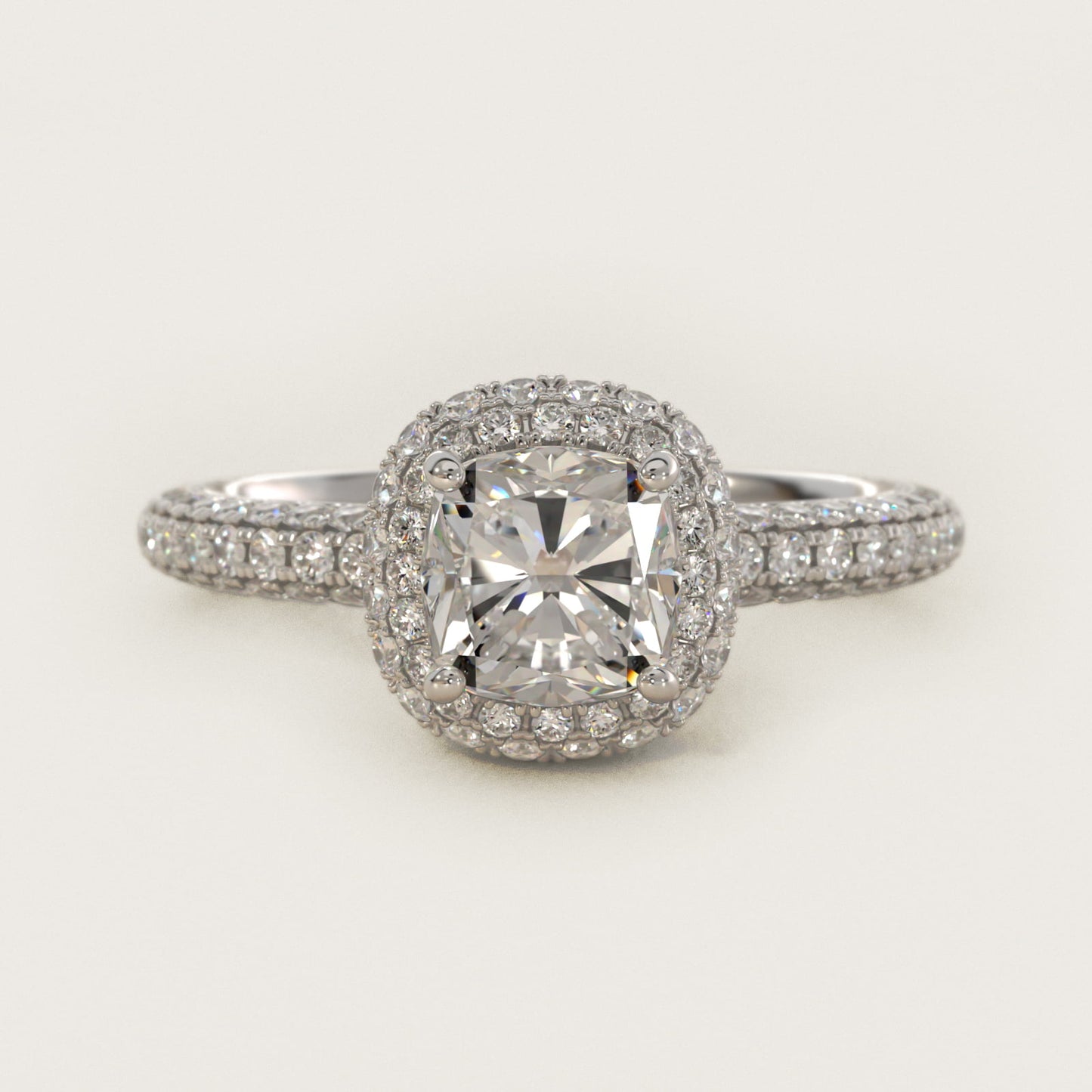 Rollover Halo Diamond Basket and Pav? Shank Engagement Ring in 18k White Gold (7/8 ct. tw.) - Cushion Center