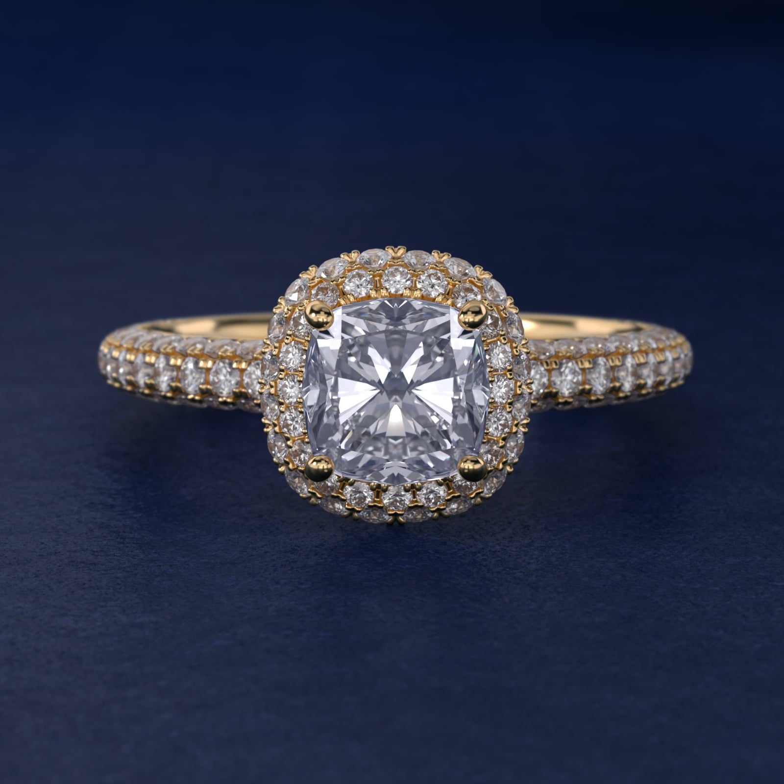 Rollover Halo Diamond Basket and PavŽ Shank Engagement Ring in 14k Yellow Gold (7/8 ct. tw.) - Cushion Center