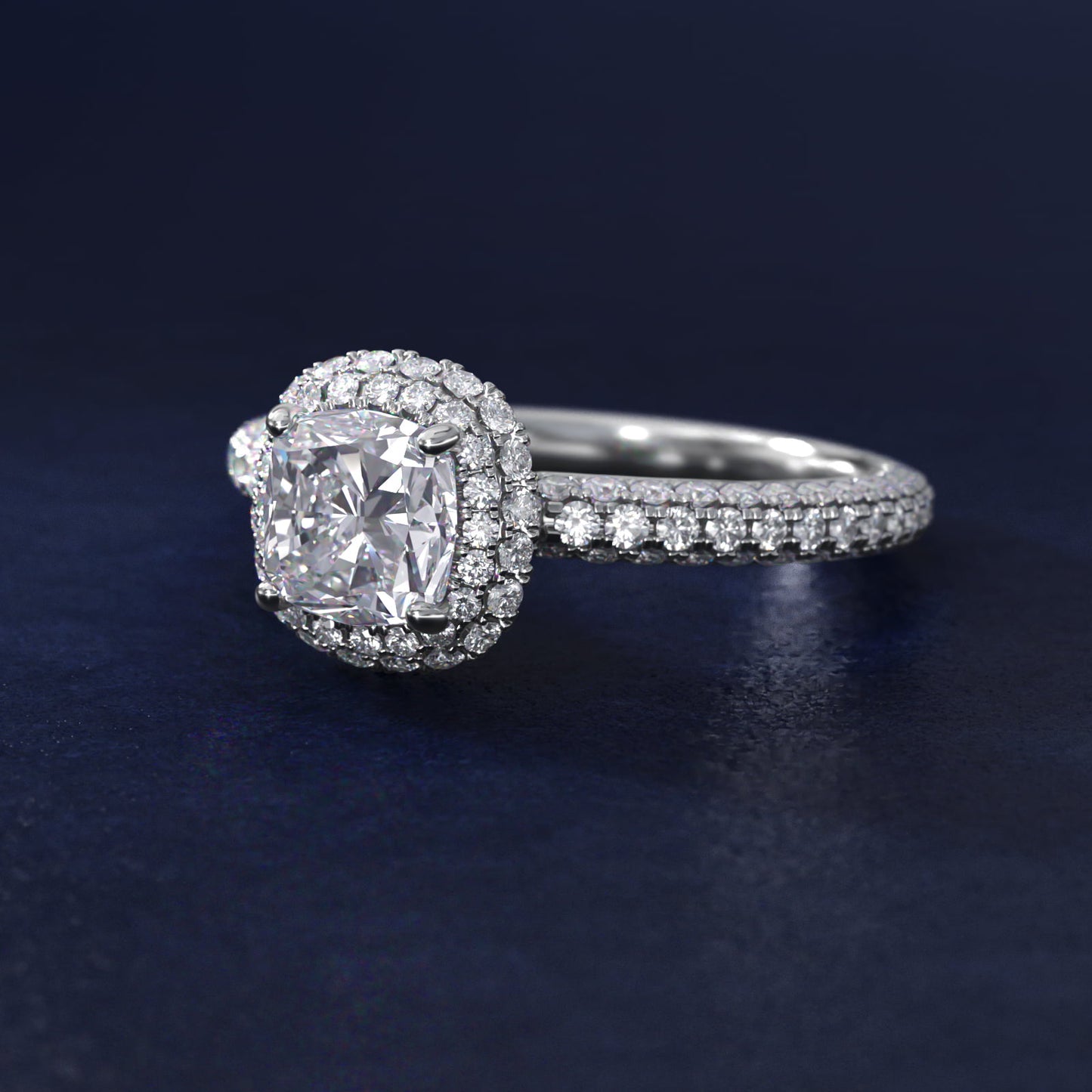 Rollover Halo Diamond Basket and Pav? Shank Engagement Ring in Platinum (7/8 ct. tw.) - Cushion Center