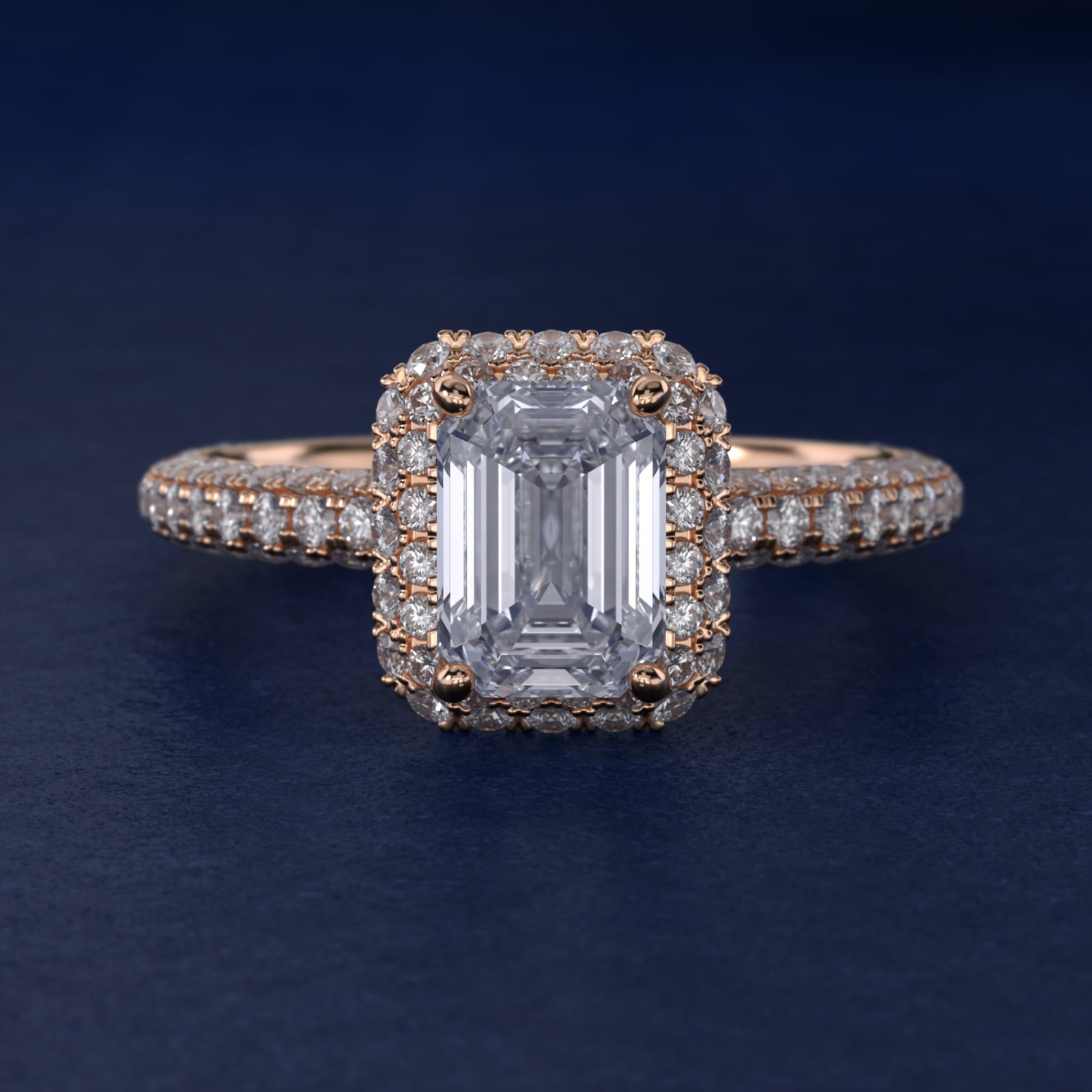 Rollover Halo Diamond Basket and Pav? Shank Engagement Ring in 18k Rose Gold (7/8 ct. tw.) - Emerald Center