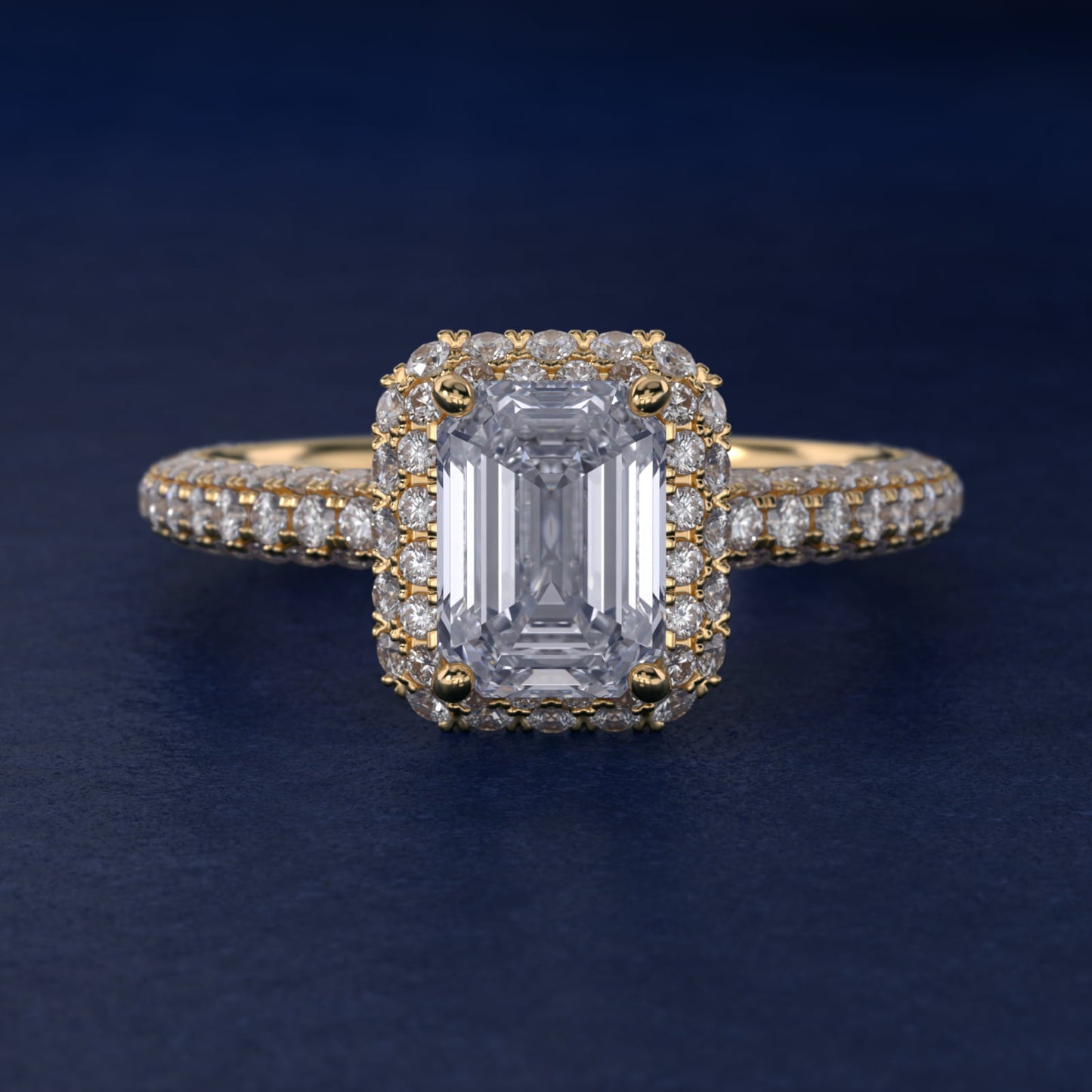 Rollover Halo Diamond Basket and PavŽ Shank Engagement Ring in 14k Yellow Gold (7/8 ct. tw.) - Emerald Center
