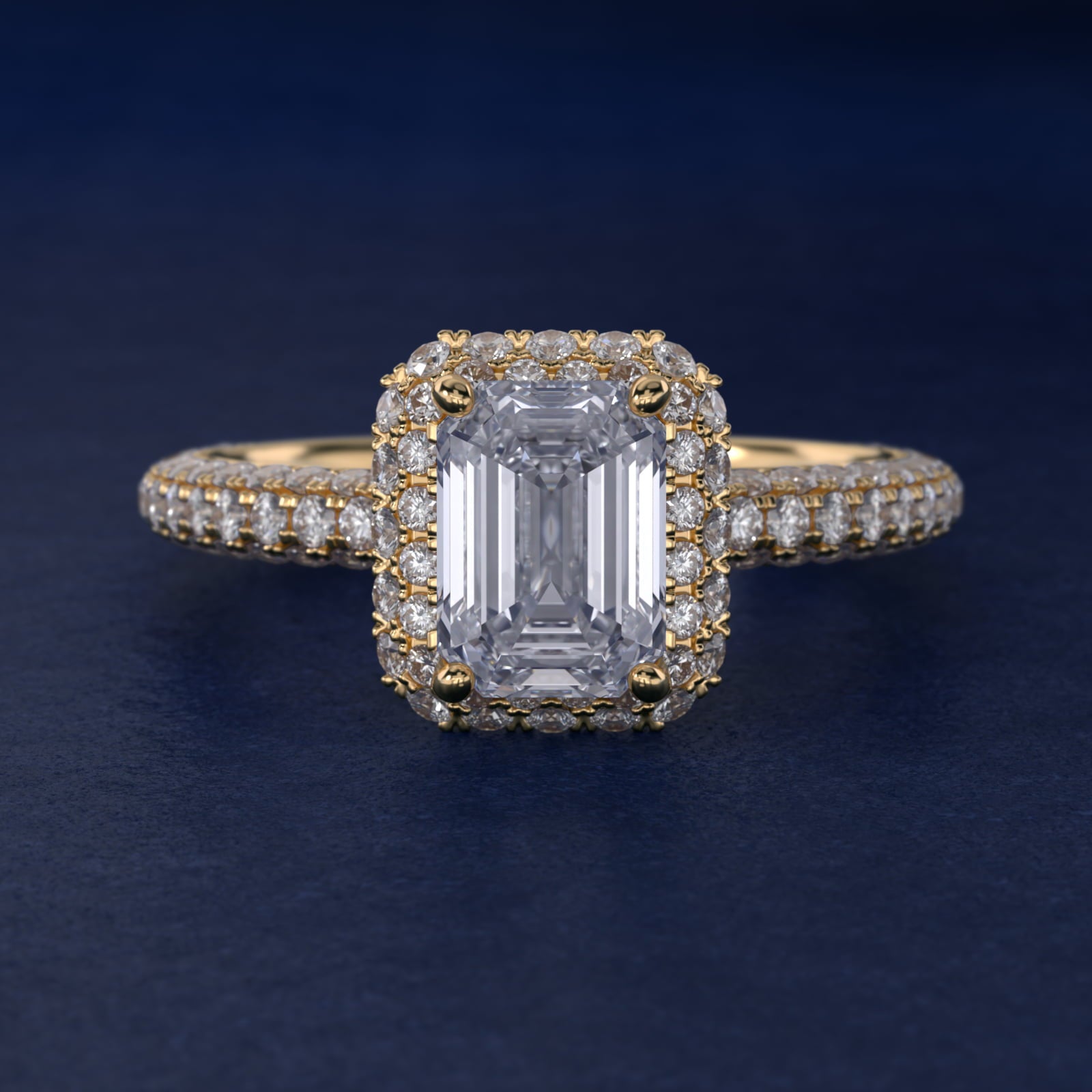 Rollover Halo Diamond Basket and PavŽ Shank Engagement Ring in 14k Yellow Gold (7/8 ct. tw.) - Emerald Center