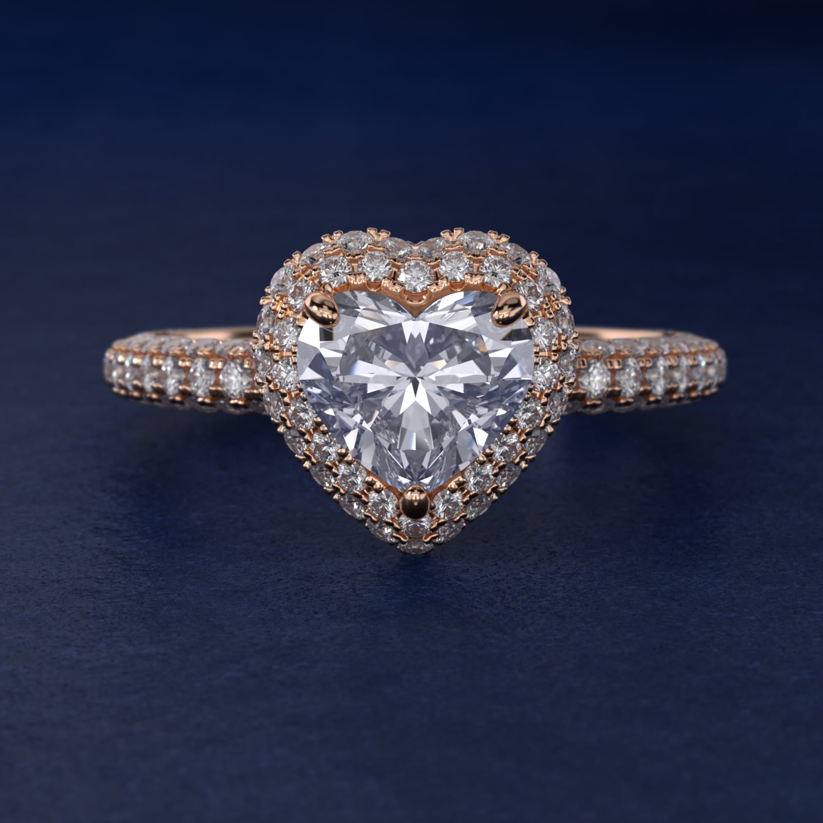 Rollover Halo Diamond Basket and PavŽ Shank Engagement Ring in 14k Rose Gold (7/8 ct. tw.) - Heart Center