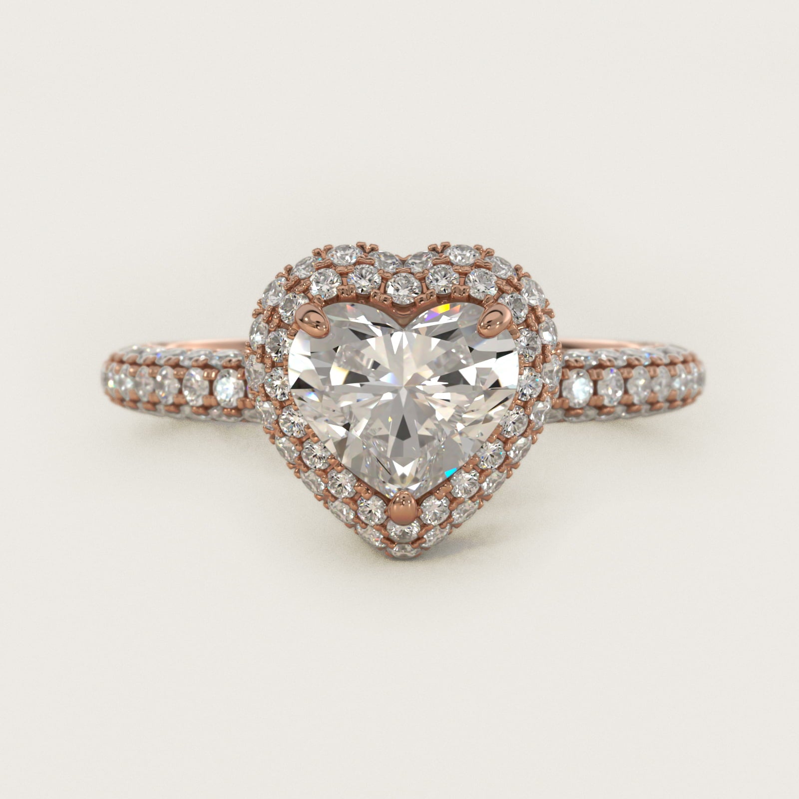Rollover Halo Diamond Basket and PavŽ Shank Engagement Ring in 14k Rose Gold (7/8 ct. tw.) - Heart Center