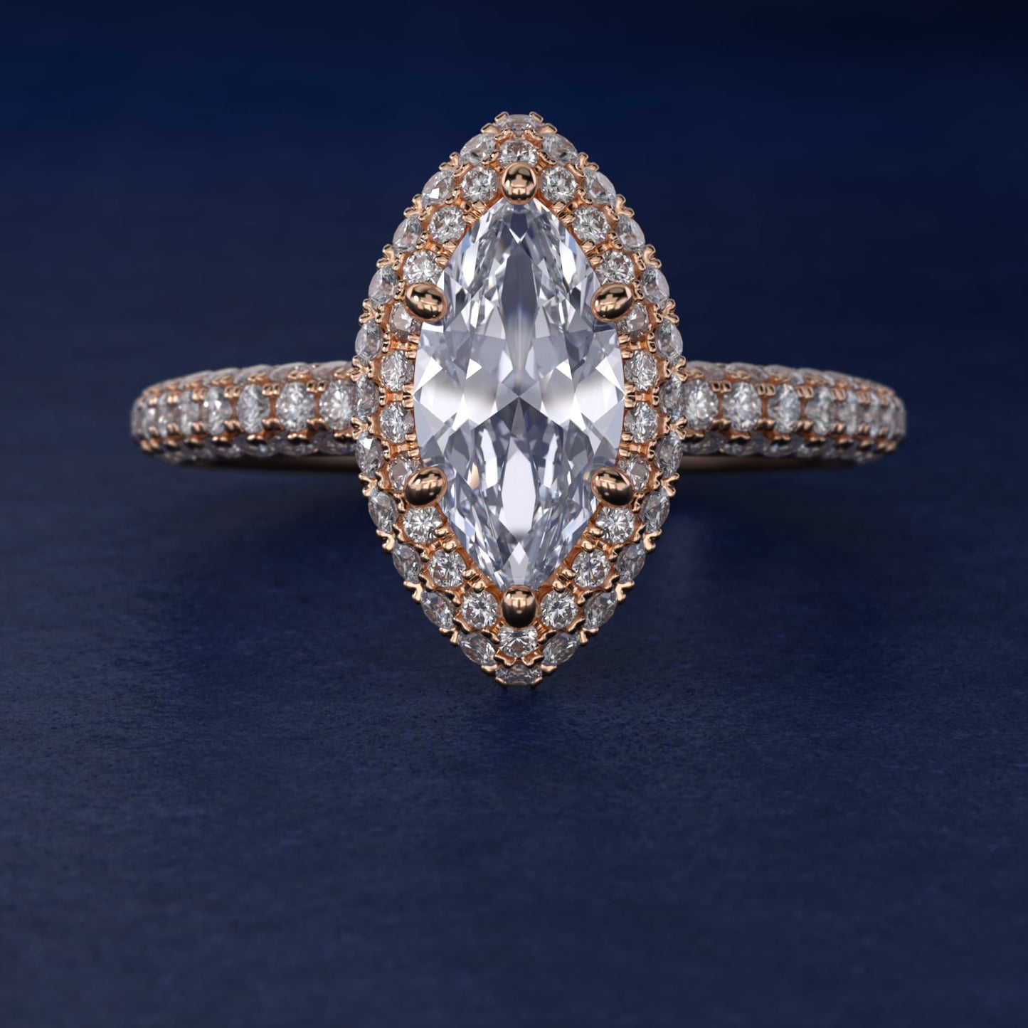 Rollover Halo Diamond Basket and Pav? Shank Engagement Ring in 18k Rose Gold (7/8 ct. tw.) - Marquise Center