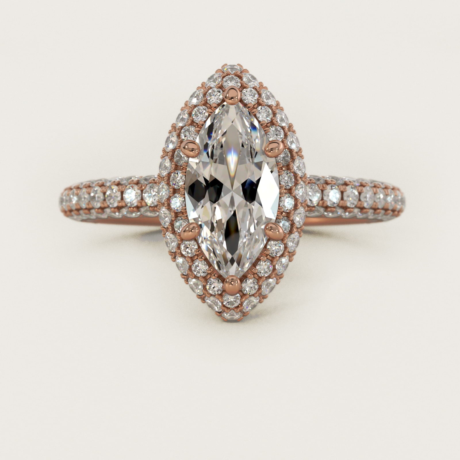 Rollover Halo Diamond Basket and PavŽ Shank Engagement Ring in 14k Rose Gold (7/8 ct. tw.) - Marquise Center