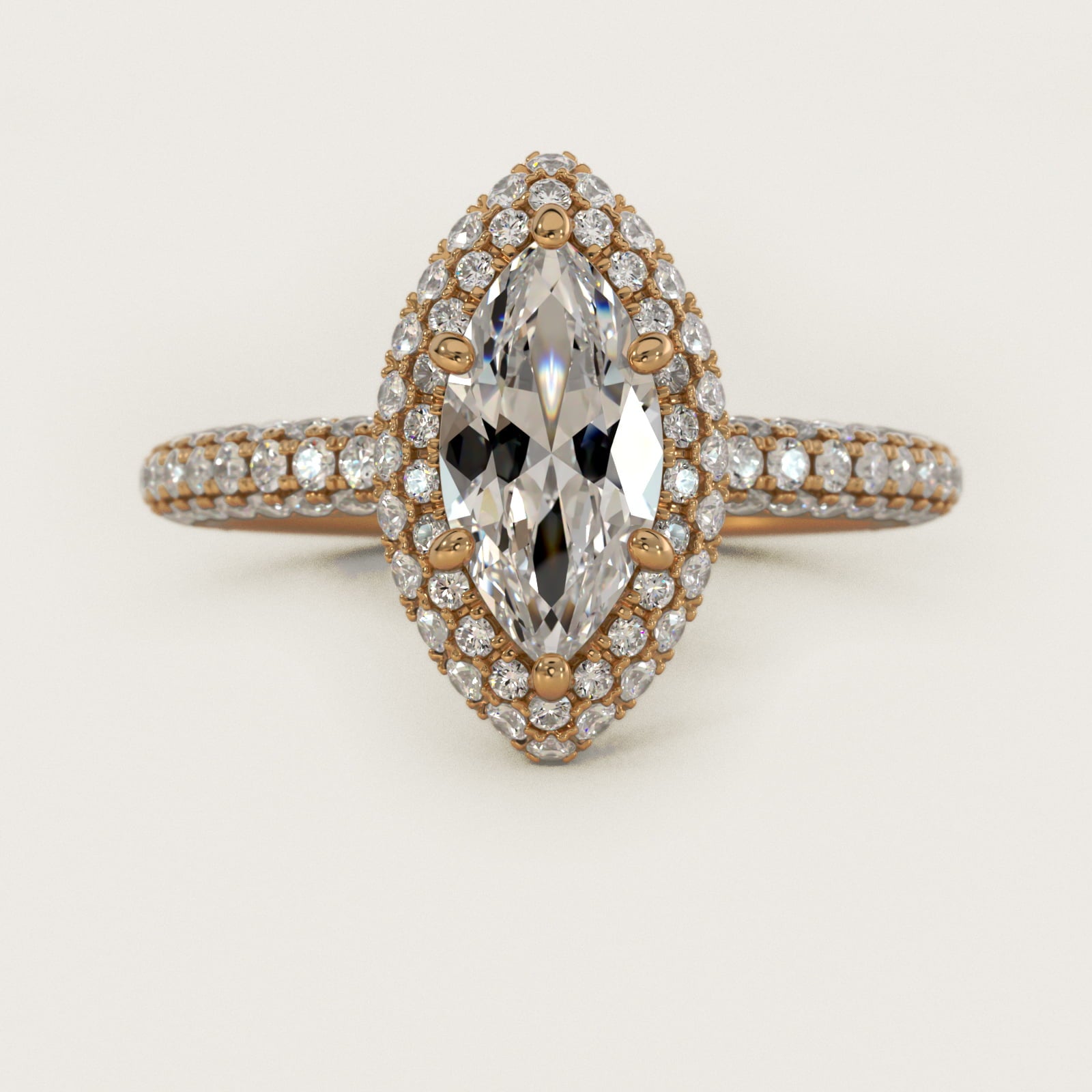 Rollover Halo Diamond Basket and PavŽ Shank Engagement Ring in 14k Yellow Gold (7/8 ct. tw.) - Marquise Center