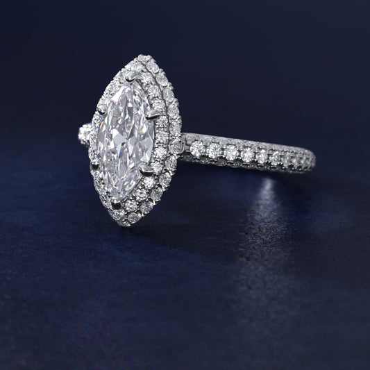 Rollover Halo Diamond Basket Engagement Ring in Platinum (3/8 ct. tw) - Marquise Center