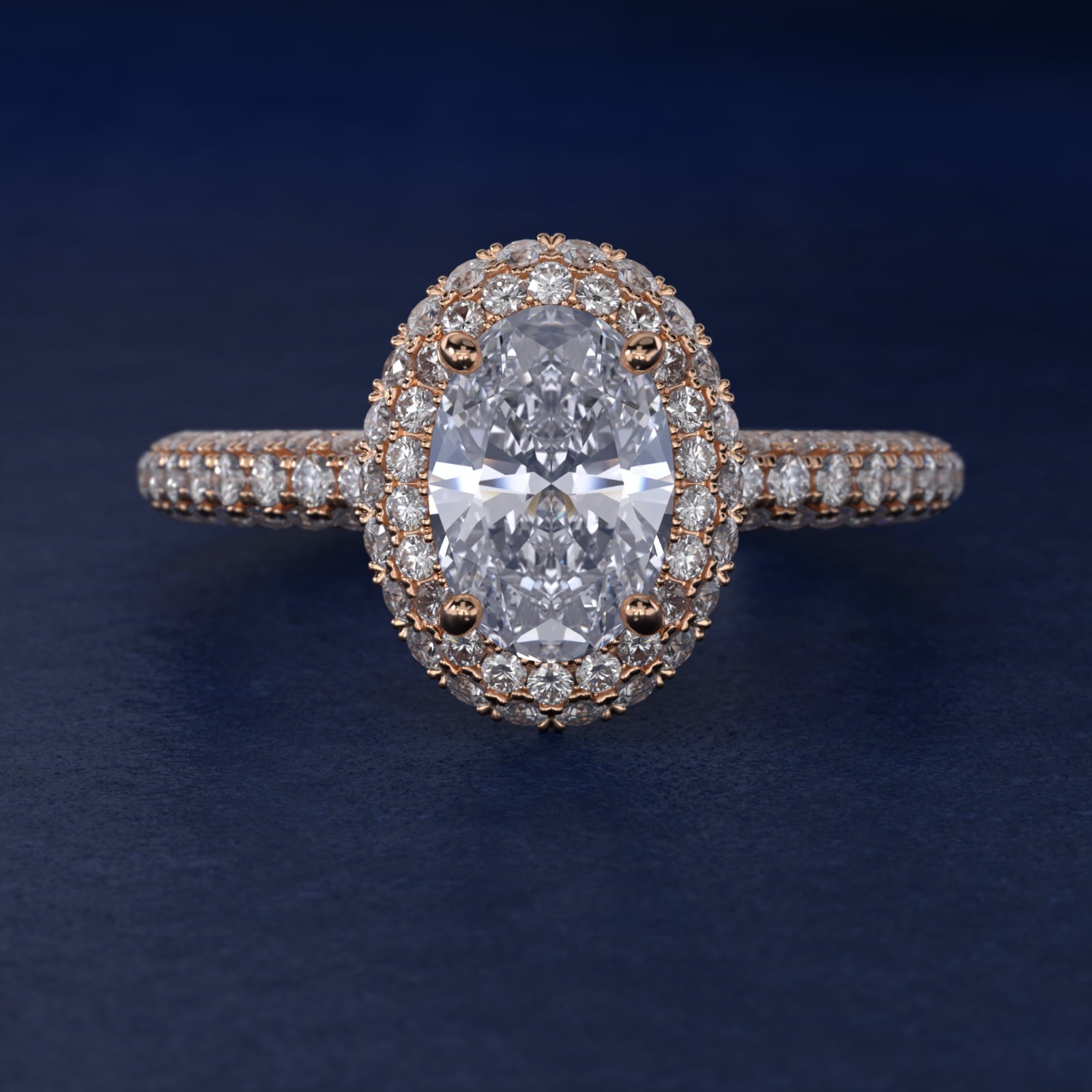 Rollover Halo Diamond Basket and PavŽ Shank Engagement Ring in 14k Rose Gold (7/8 ct. tw.) - Oval Center