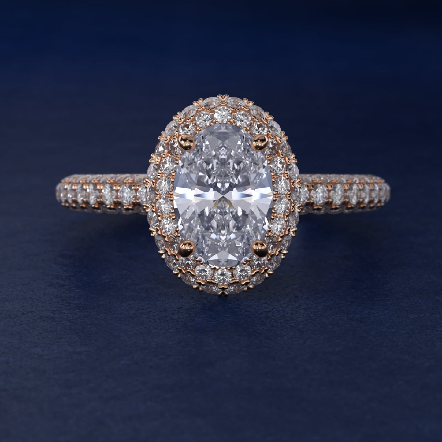 Rollover Halo Diamond Basket and Pav? Shank Engagement Ring in 18k Rose Gold (7/8 ct. tw.) - Oval Center