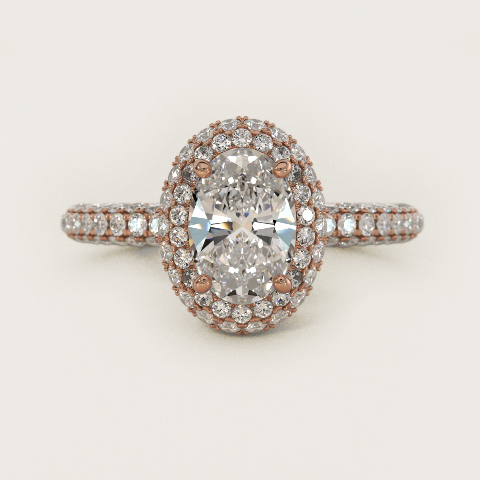 Rollover Halo Diamond Basket and Pav? Shank Engagement Ring in 18k Rose Gold (7/8 ct. tw.) - Oval Center