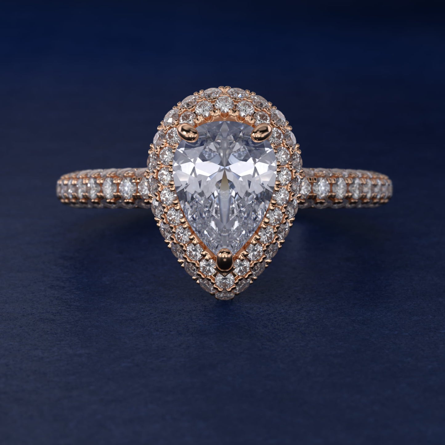 Rollover Halo Diamond Basket and PavŽ Shank Engagement Ring in 14k Rose Gold (7/8 ct. tw.) - Pear Center