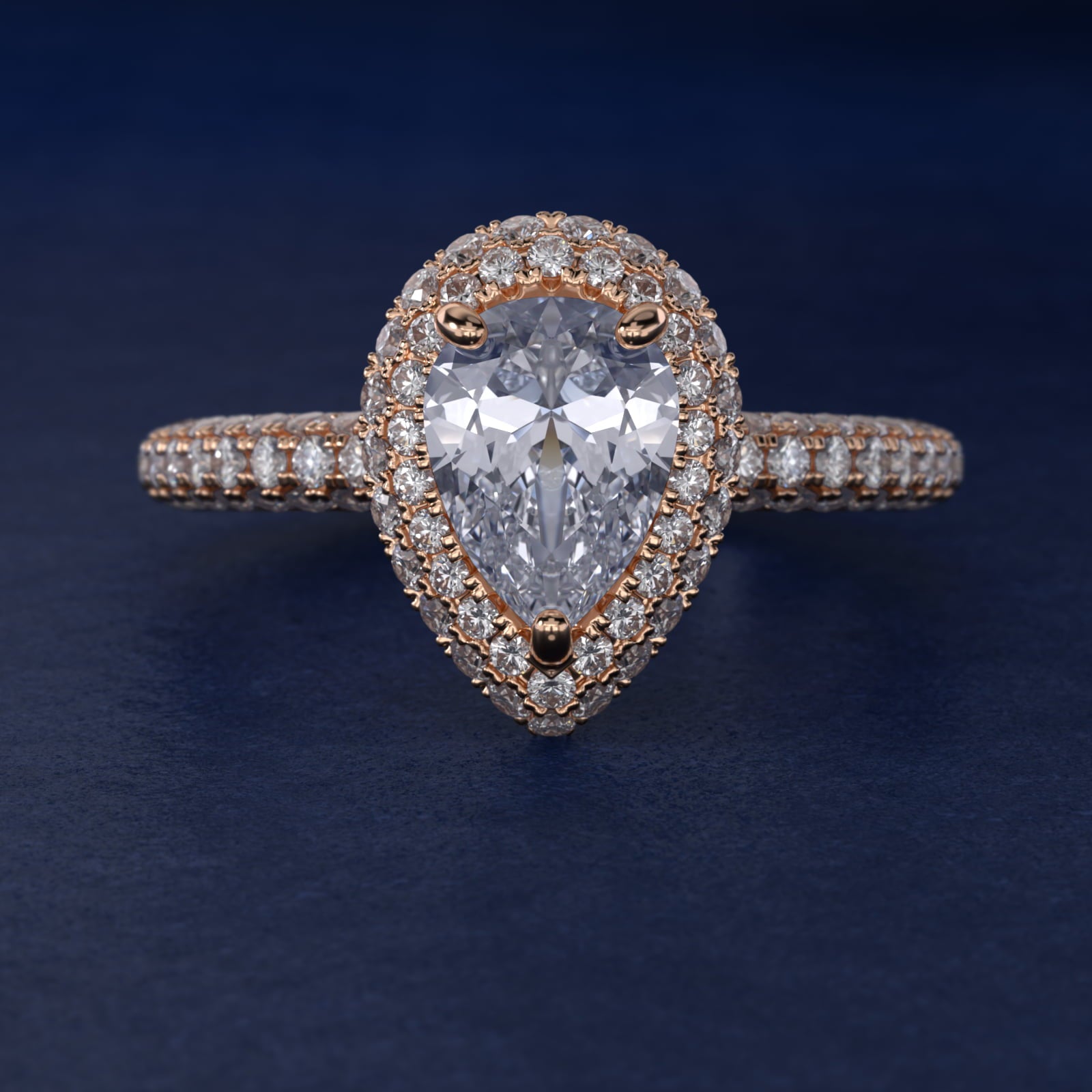Rollover Halo Diamond Basket and Pav? Shank Engagement Ring in 18k Rose Gold (7/8 ct. tw.) - Pear Center
