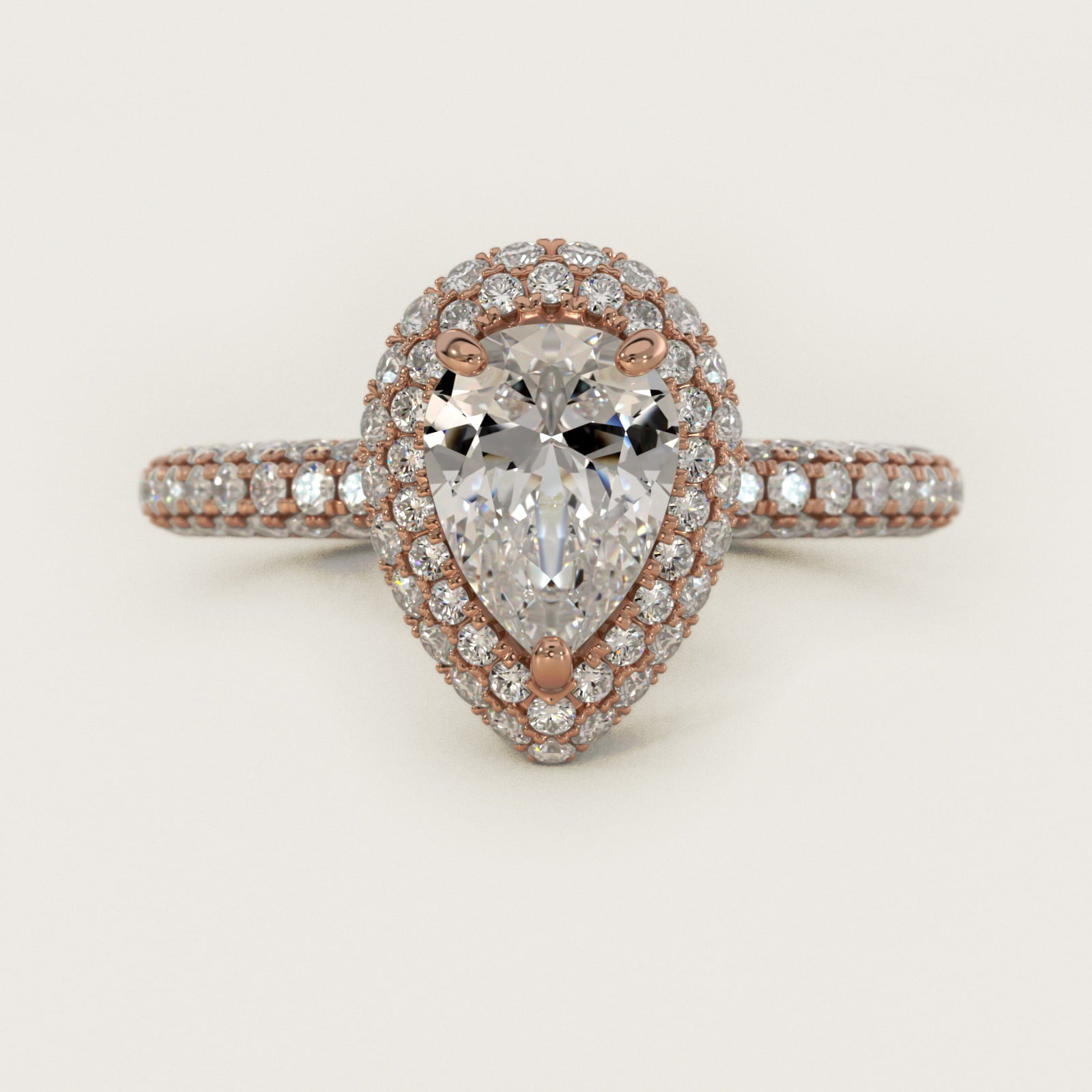 Rollover Halo Diamond Basket and PavŽ Shank Engagement Ring in 14k Rose Gold (7/8 ct. tw.) - Pear Center