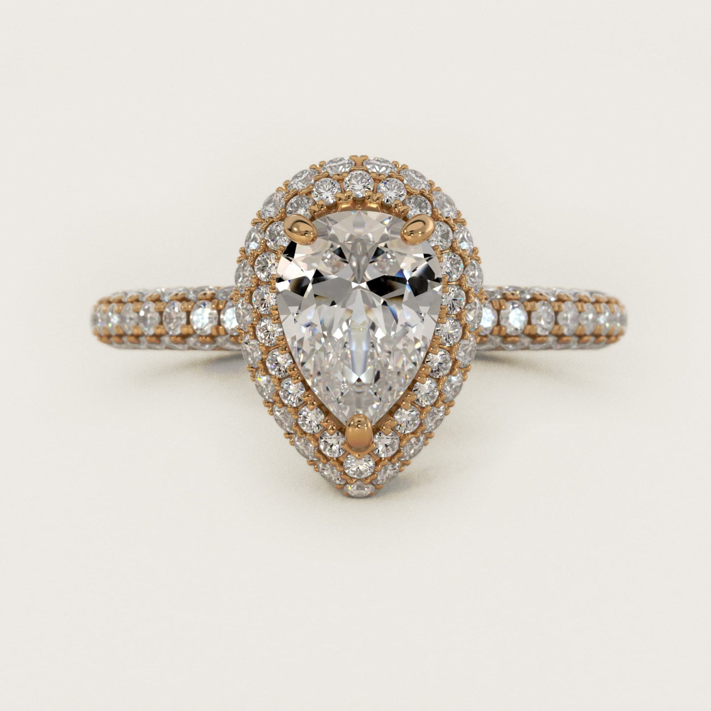 Rollover Halo Diamond Basket and Pav? Shank Engagement Ring in 18k Yellow Gold (7/8 ct. tw.) - Pear Center
