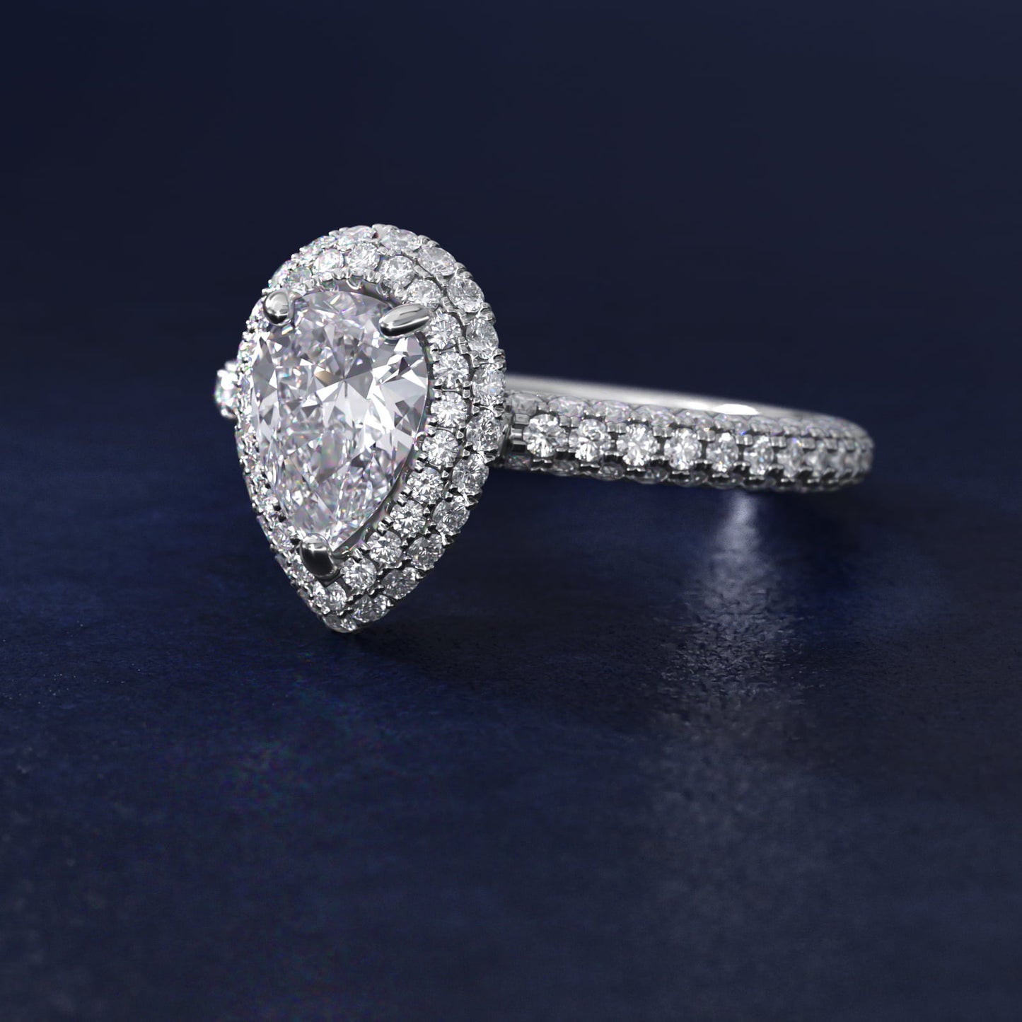 Rollover Halo Diamond Basket and Pav? Shank Engagement Ring in Platinum (7/8 ct. tw.) - Pear Center