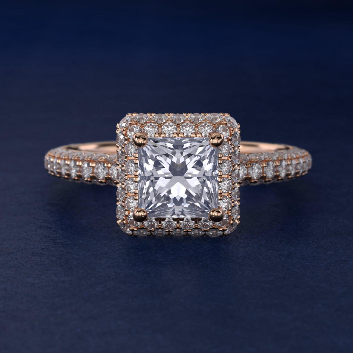 Rollover Halo Diamond Basket and Pav? Shank Engagement Ring in 18k Rose Gold (7/8 ct. tw.) - Princess Center