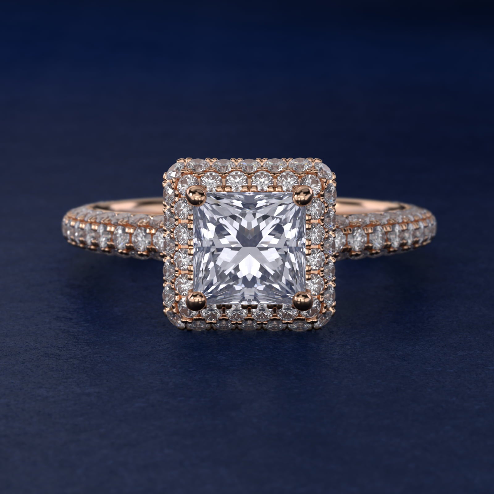 Rollover Halo Diamond Basket and Pav? Shank Engagement Ring in 18k Rose Gold (7/8 ct. tw.) - Princess Center