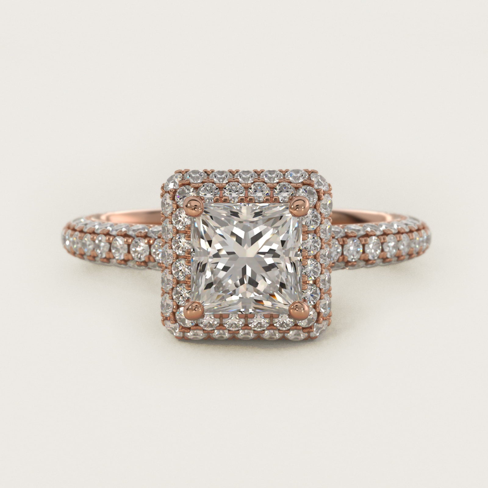 Rollover Halo Diamond Basket and Pav? Shank Engagement Ring in 18k Rose Gold (7/8 ct. tw.) - Princess Center