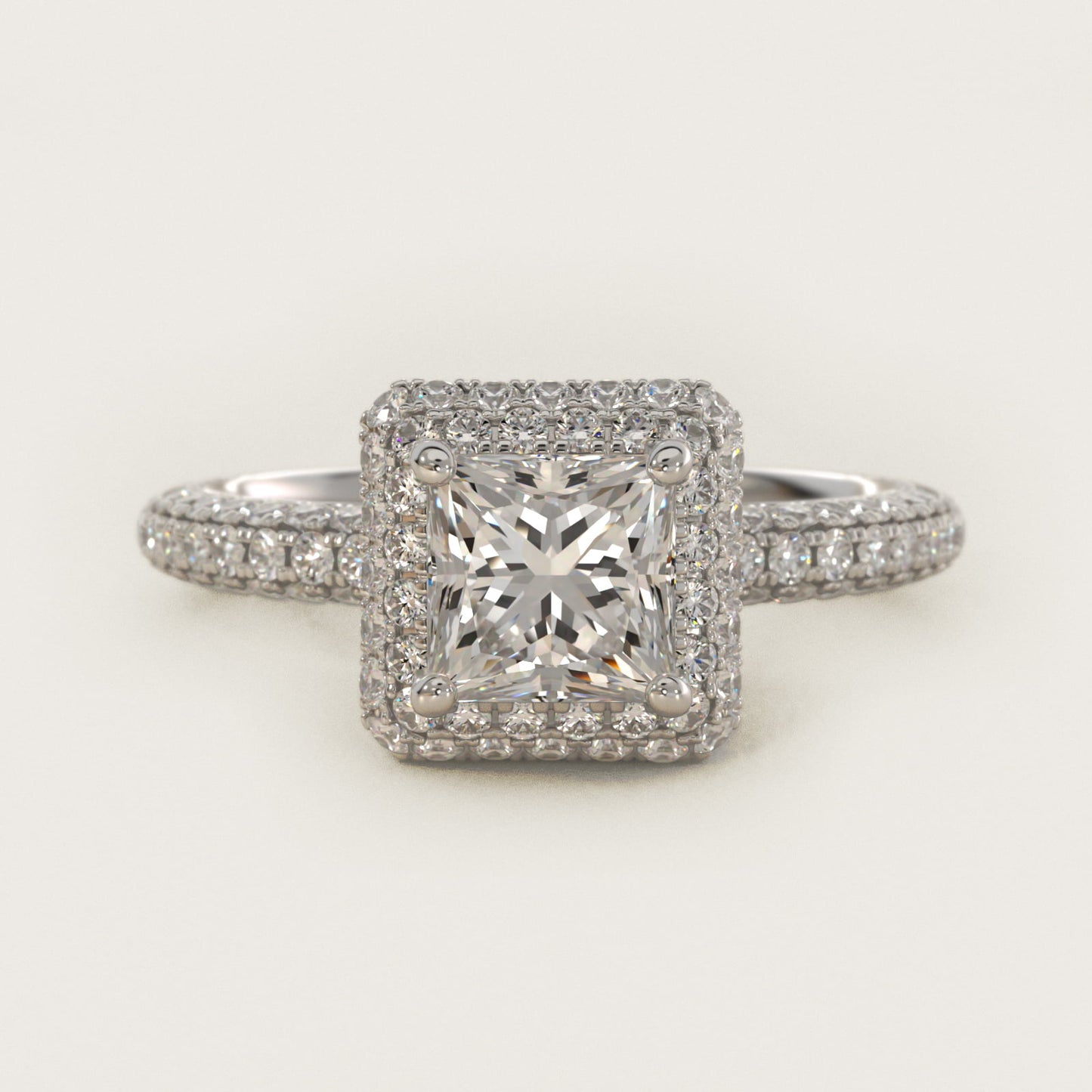 Rollover Halo Diamond Basket and PavŽ Shank Engagement Ring in 14k White Gold (7/8 ct. tw.) - Princess Center
