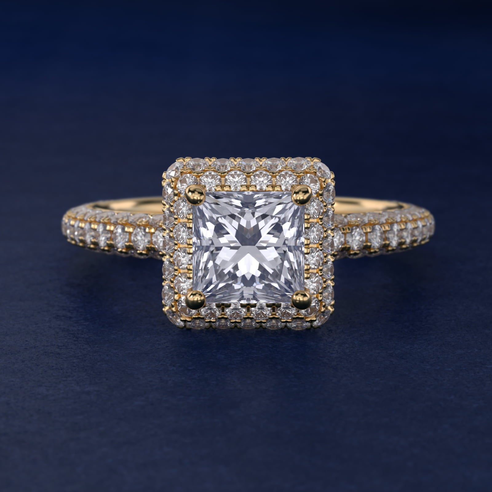 Rollover Halo Diamond Basket and PavŽ Shank Engagement Ring in 14k Yellow Gold (7/8 ct. tw.) - Princess Center