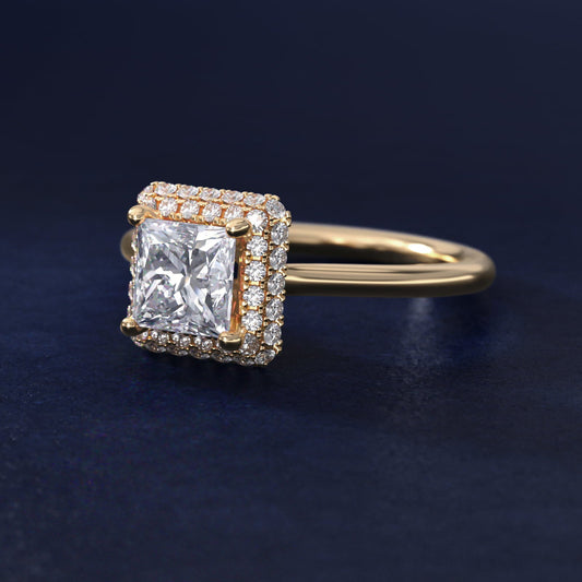 Rollover Halo Diamond Basket Engagement Ring in 18k Yellow Gold (3/8 ct. tw) - Princess Center