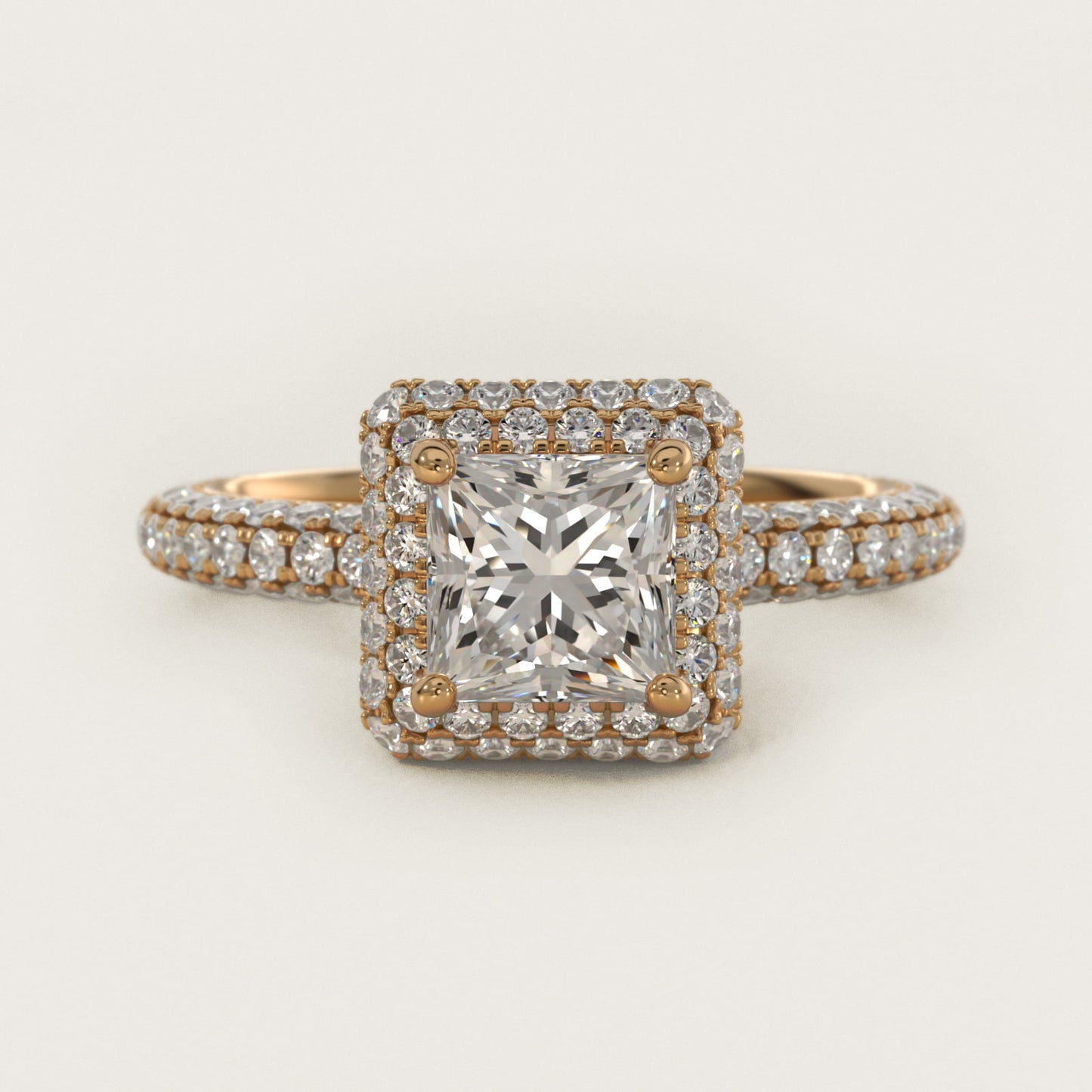 Rollover Halo Diamond Basket and PavŽ Shank Engagement Ring in 14k Yellow Gold (7/8 ct. tw.) - Princess Center