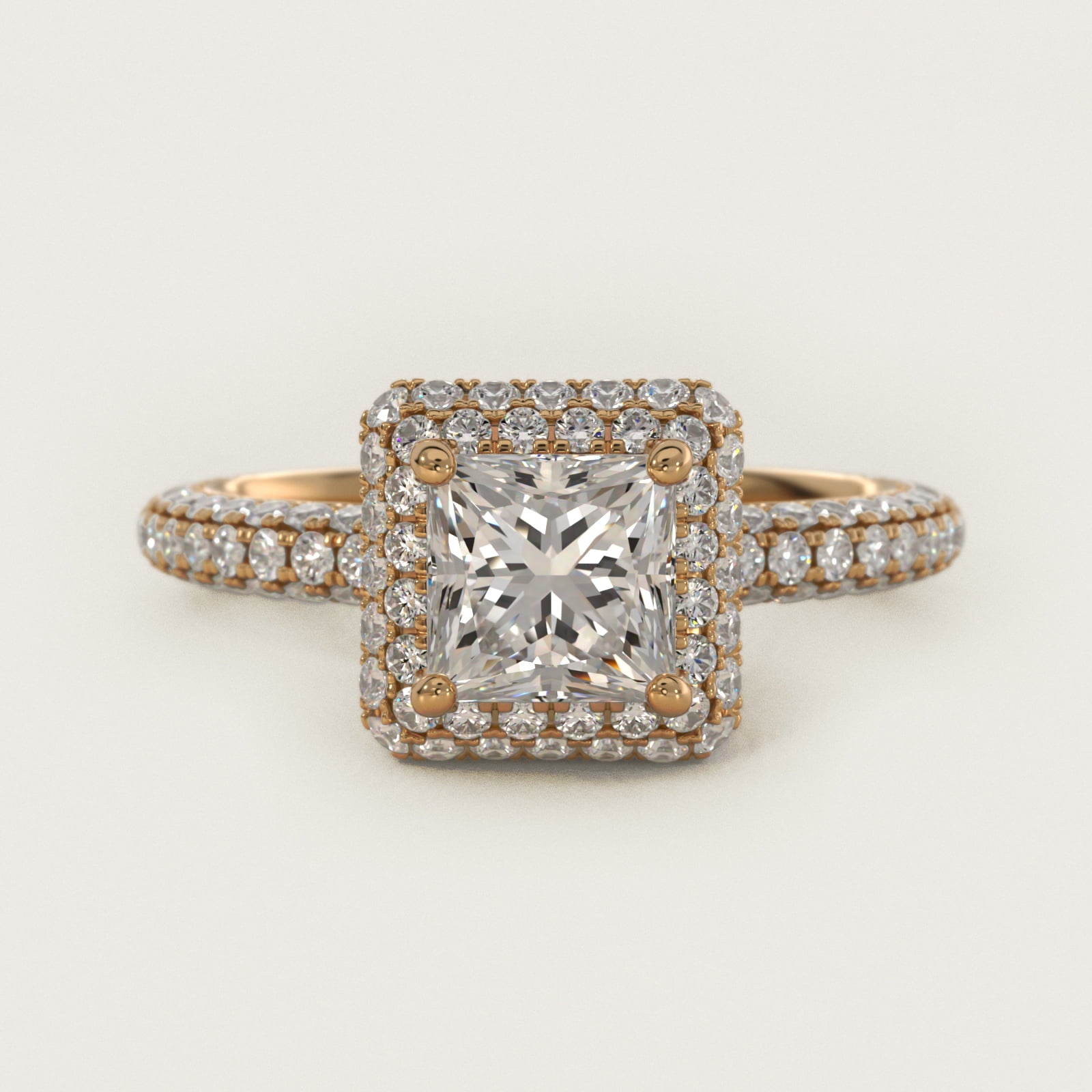 Rollover Halo Diamond Basket and PavŽ Shank Engagement Ring in 14k Yellow Gold (7/8 ct. tw.) - Princess Center