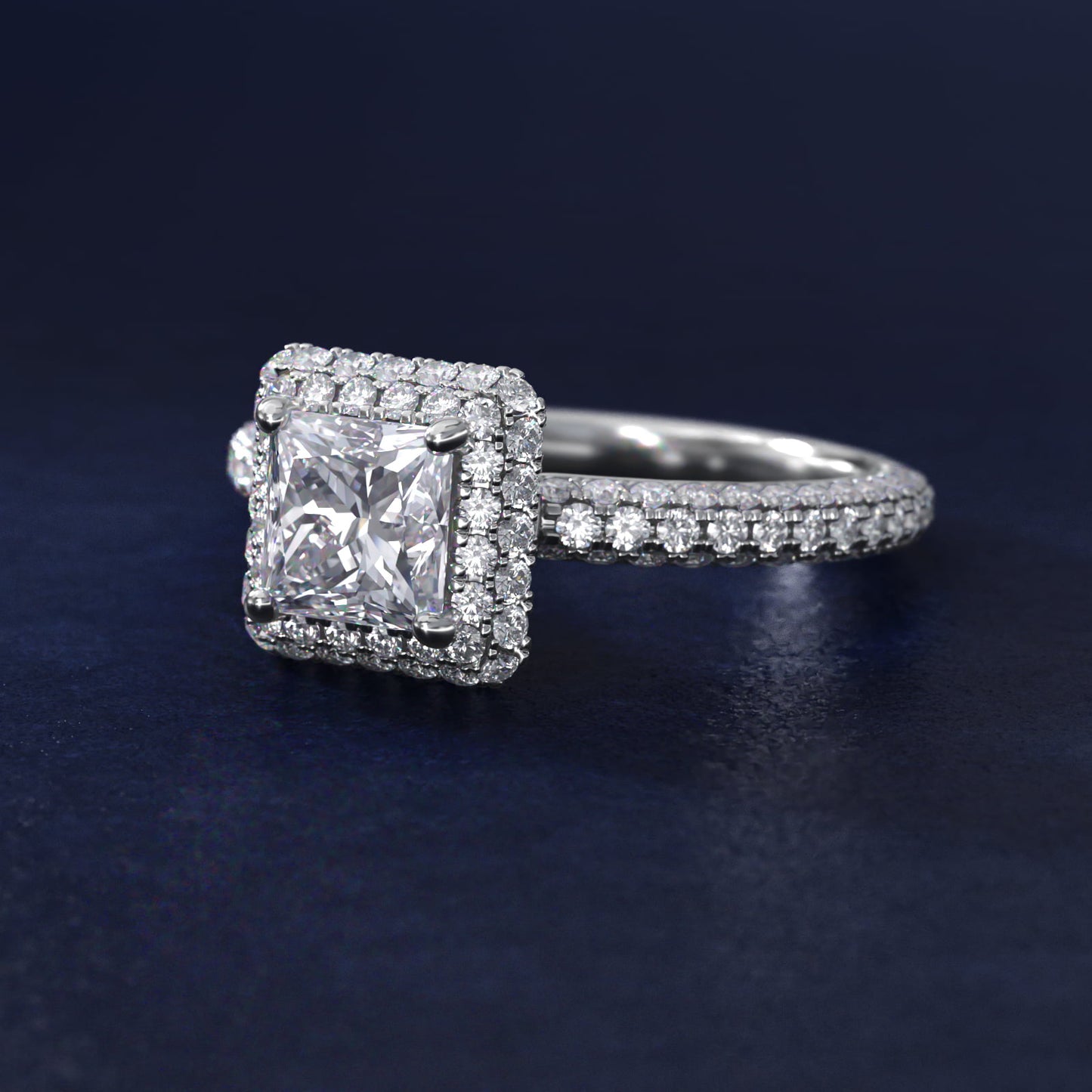 Rollover Halo Diamond Basket and Pav? Shank Engagement Ring in Platinum (7/8 ct. tw.) - Princess Center
