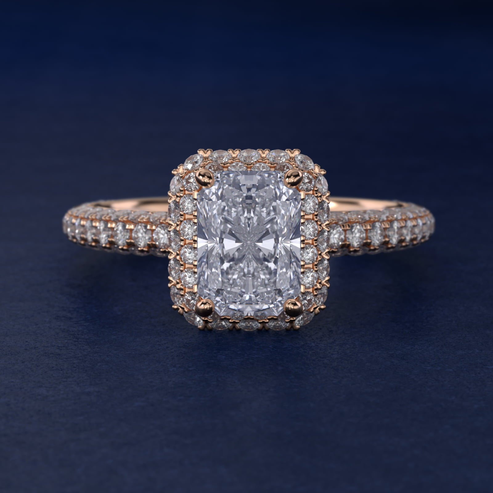 Rollover Halo Diamond Basket and PavŽ Shank Engagement Ring in 14k Rose Gold (7/8 ct. tw.) - Radiant Center