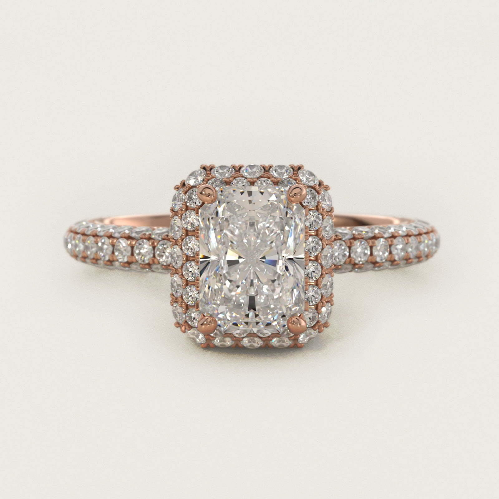 Rollover Halo Diamond Basket and Pav? Shank Engagement Ring in 18k Rose Gold (7/8 ct. tw.) - Radiant Center