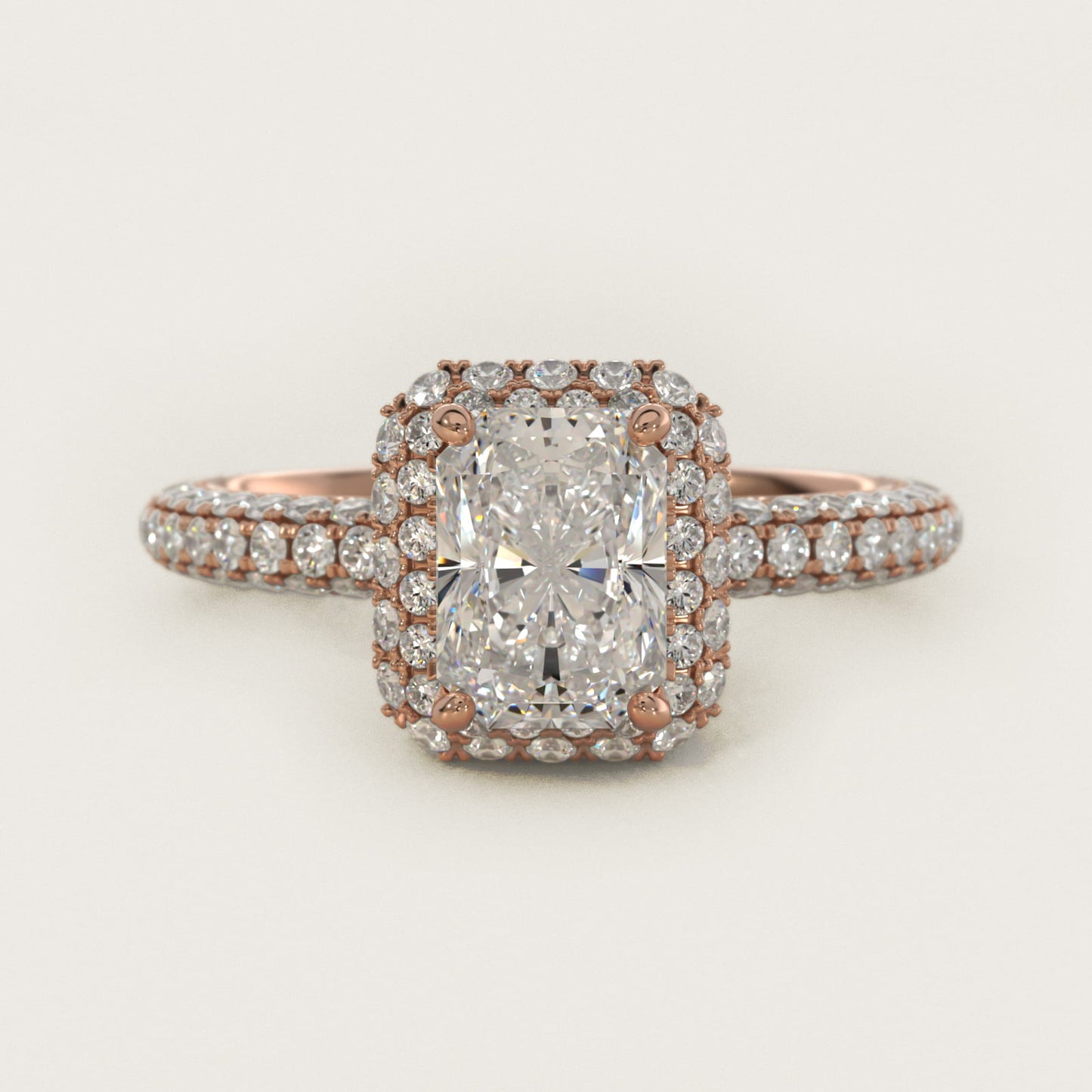 Rollover Halo Diamond Basket and PavŽ Shank Engagement Ring in 14k Rose Gold (7/8 ct. tw.) - Radiant Center