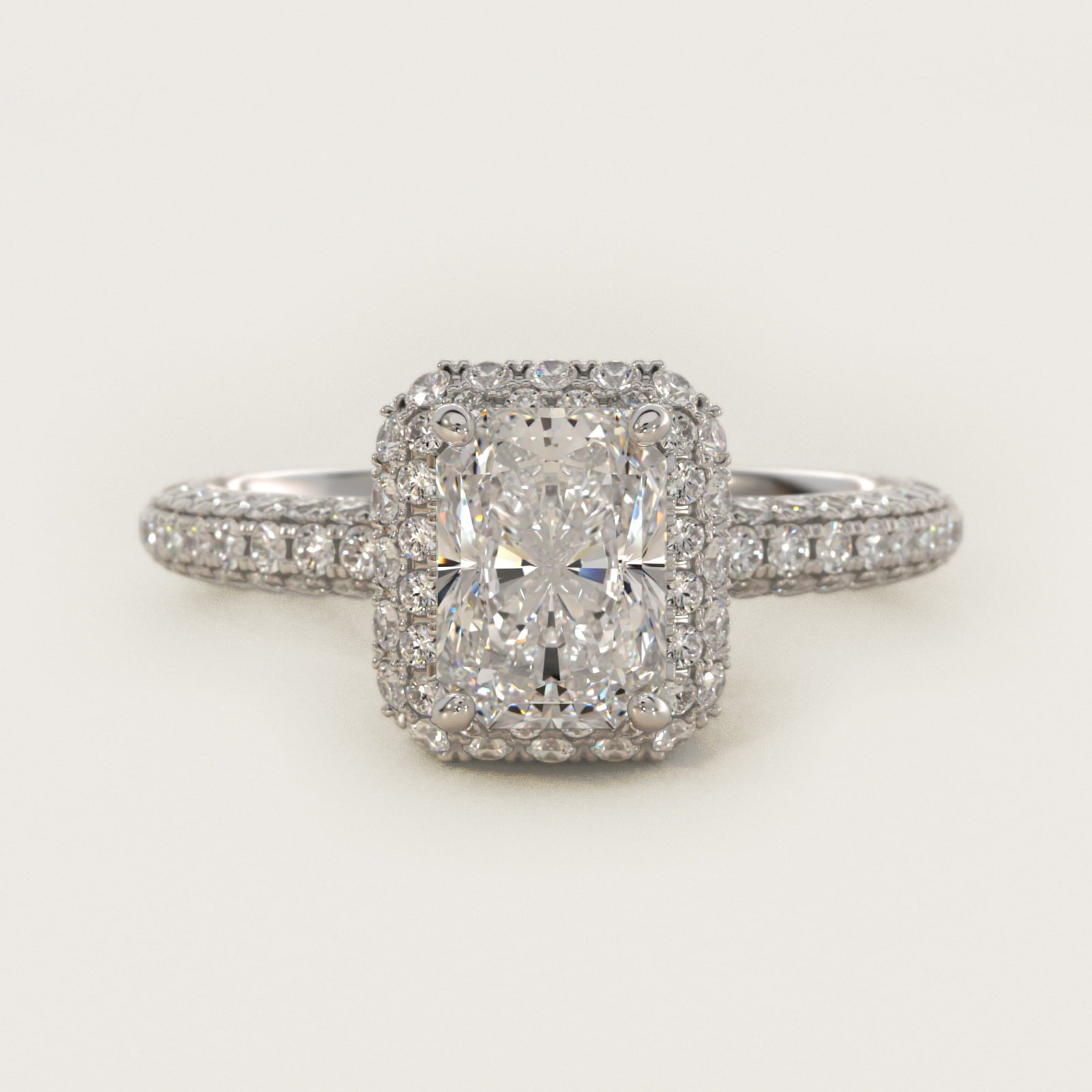 Rollover Halo Diamond Basket and Pav? Shank Engagement Ring in 18k White Gold (7/8 ct. tw.) - Radiant Center