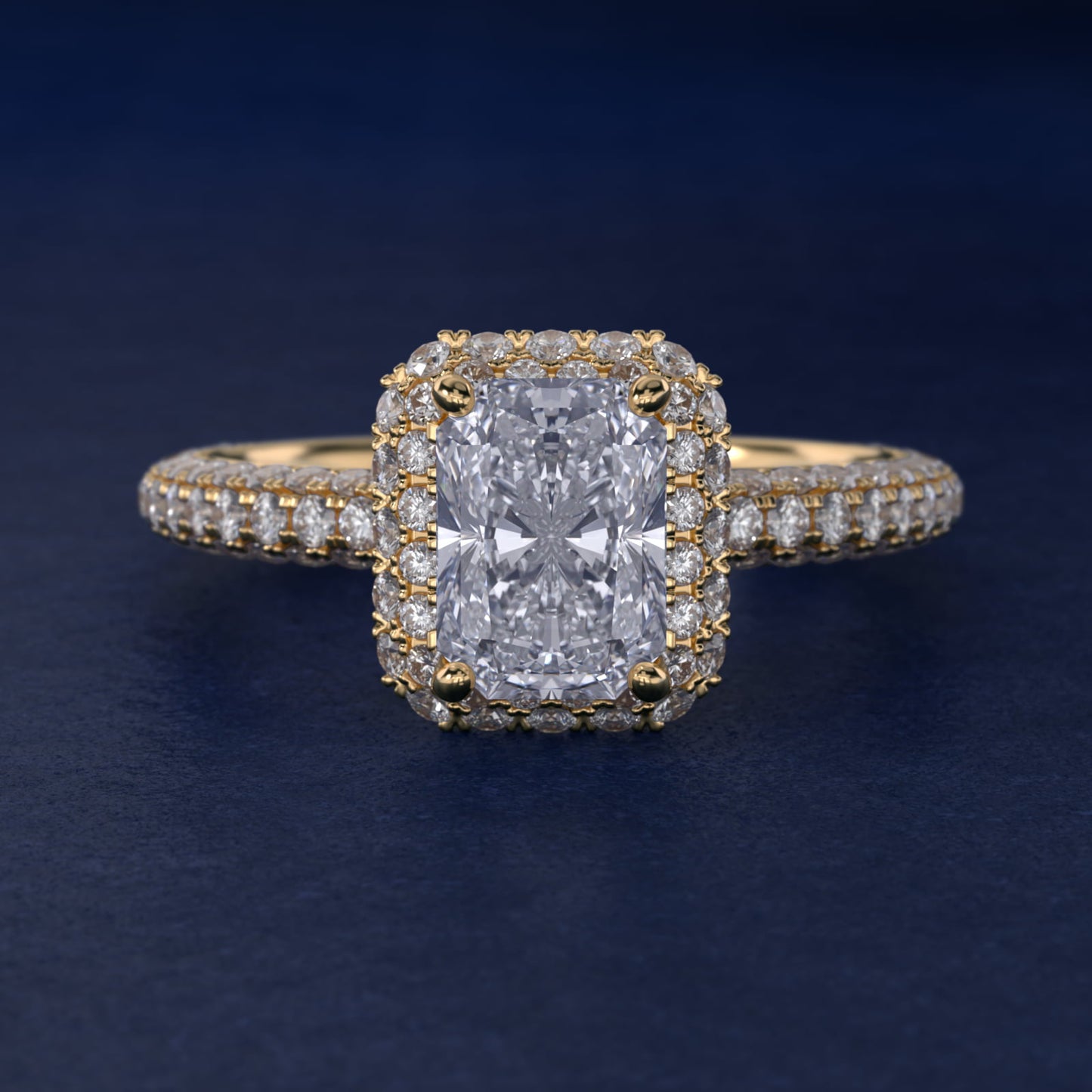 Rollover Halo Diamond Basket and Pav? Shank Engagement Ring in 18k Yellow Gold (7/8 ct. tw.) - Radiant Center