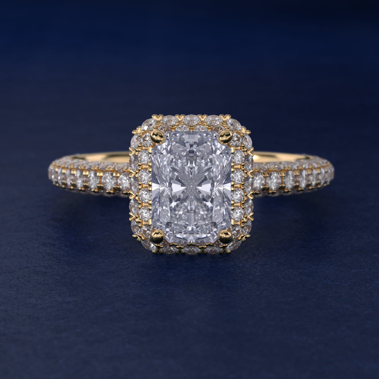 Rollover Halo Diamond Basket and Pav? Shank Engagement Ring in 18k Yellow Gold (7/8 ct. tw.) - Radiant Center