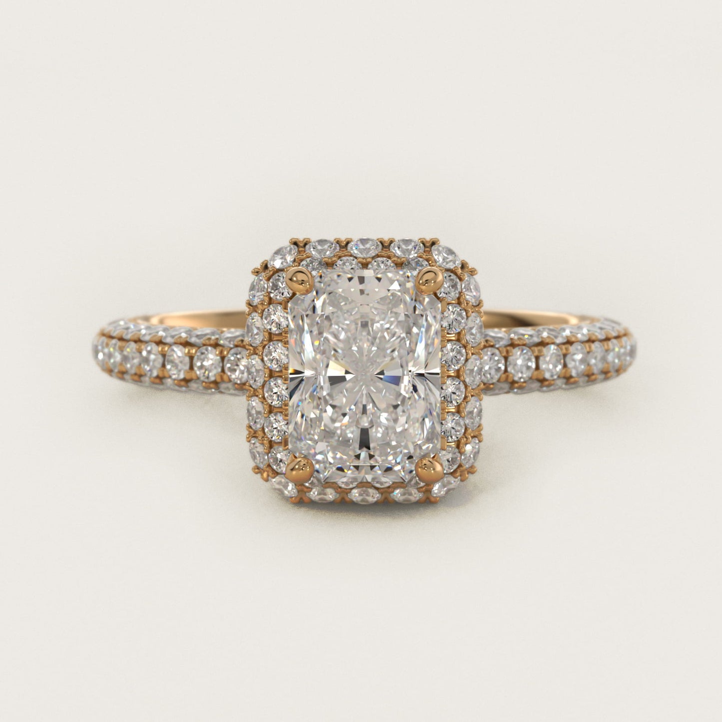 Rollover Halo Diamond Basket and Pav? Shank Engagement Ring in 18k Yellow Gold (7/8 ct. tw.) - Radiant Center