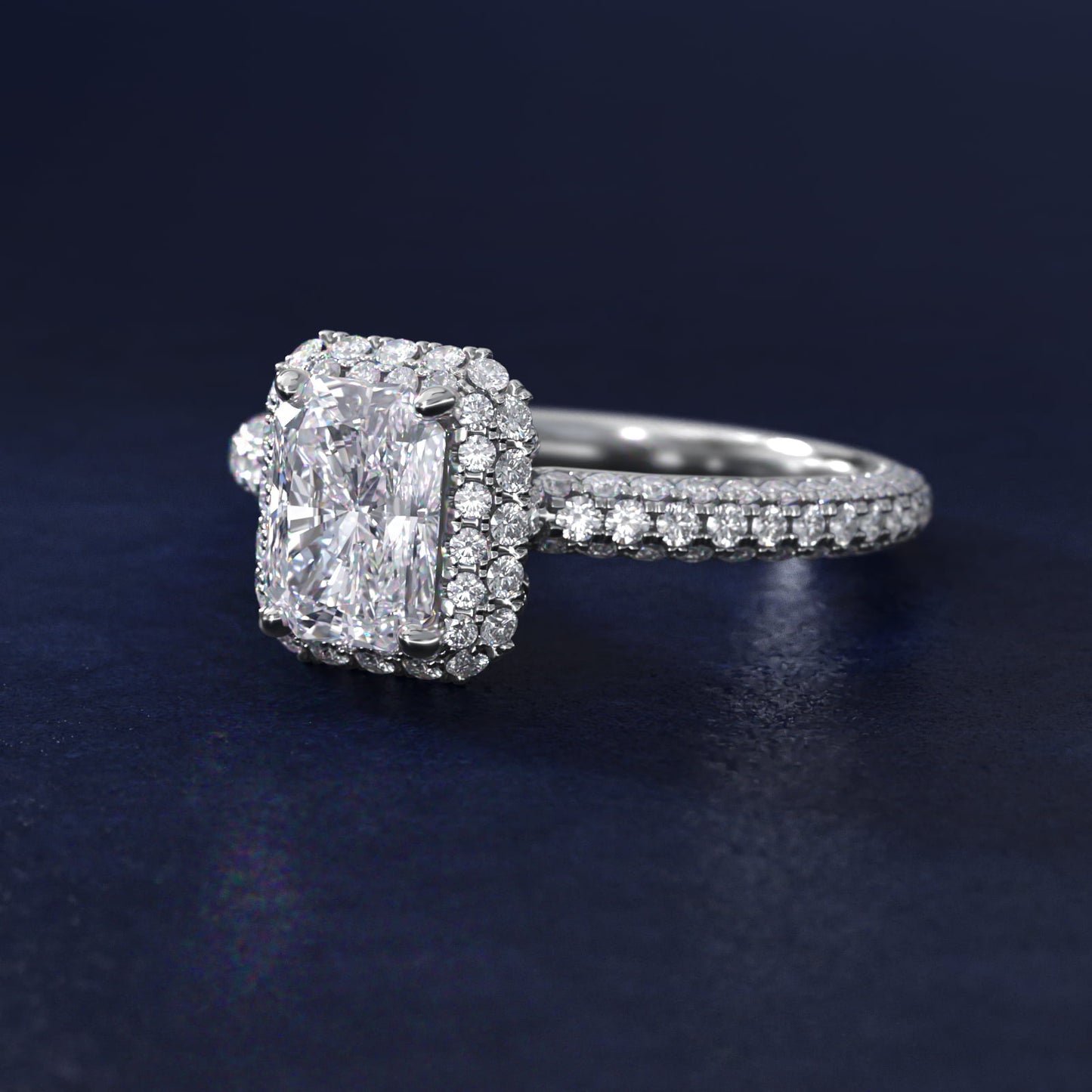 Rollover Halo Diamond Basket and Pav? Shank Engagement Ring in Platinum (7/8 ct. tw.) - Radiant Center