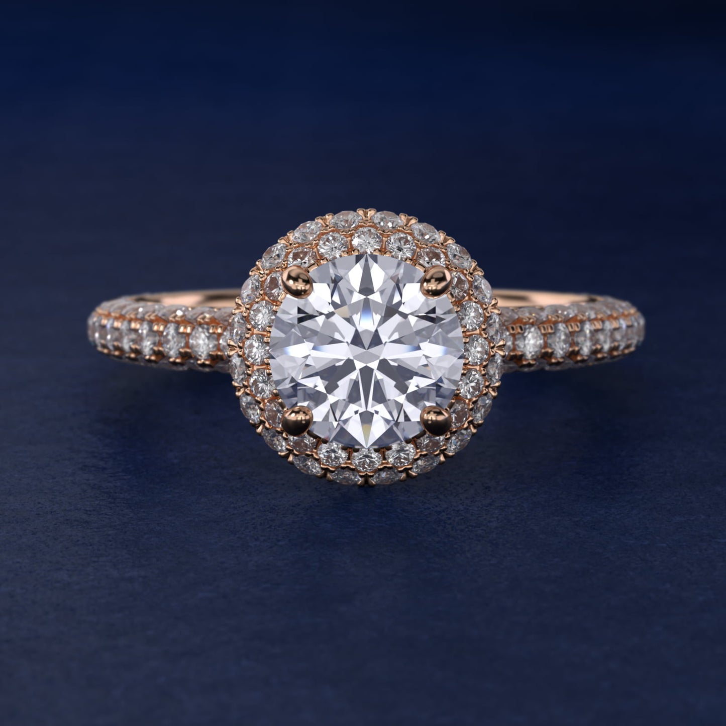 Rollover Halo Diamond Basket and PavŽ Shank Engagement Ring in 14k Rose Gold (7/8 ct. tw.) - Round Center