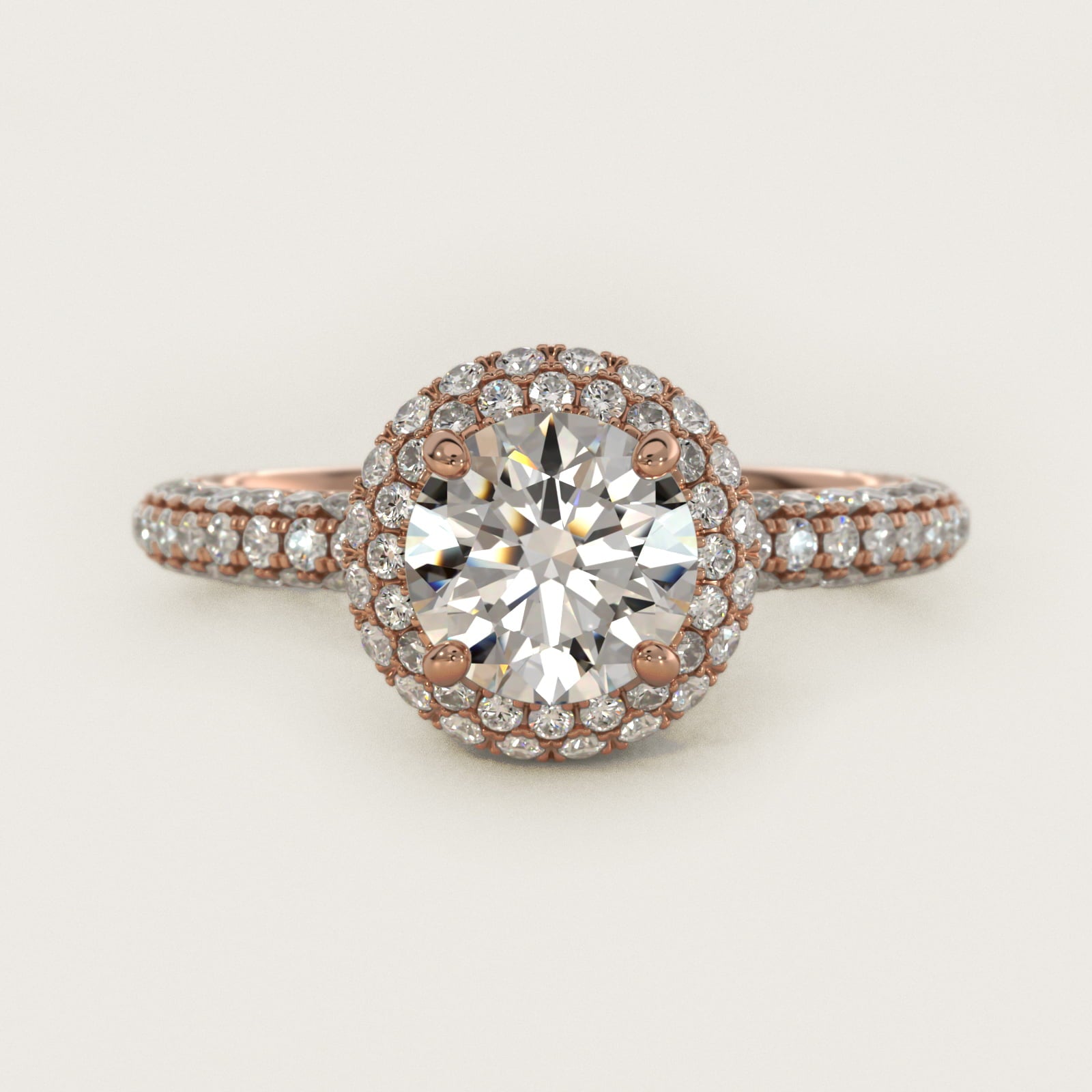 Rollover Halo Diamond Basket and PavŽ Shank Engagement Ring in 14k Rose Gold (7/8 ct. tw.) - Round Center
